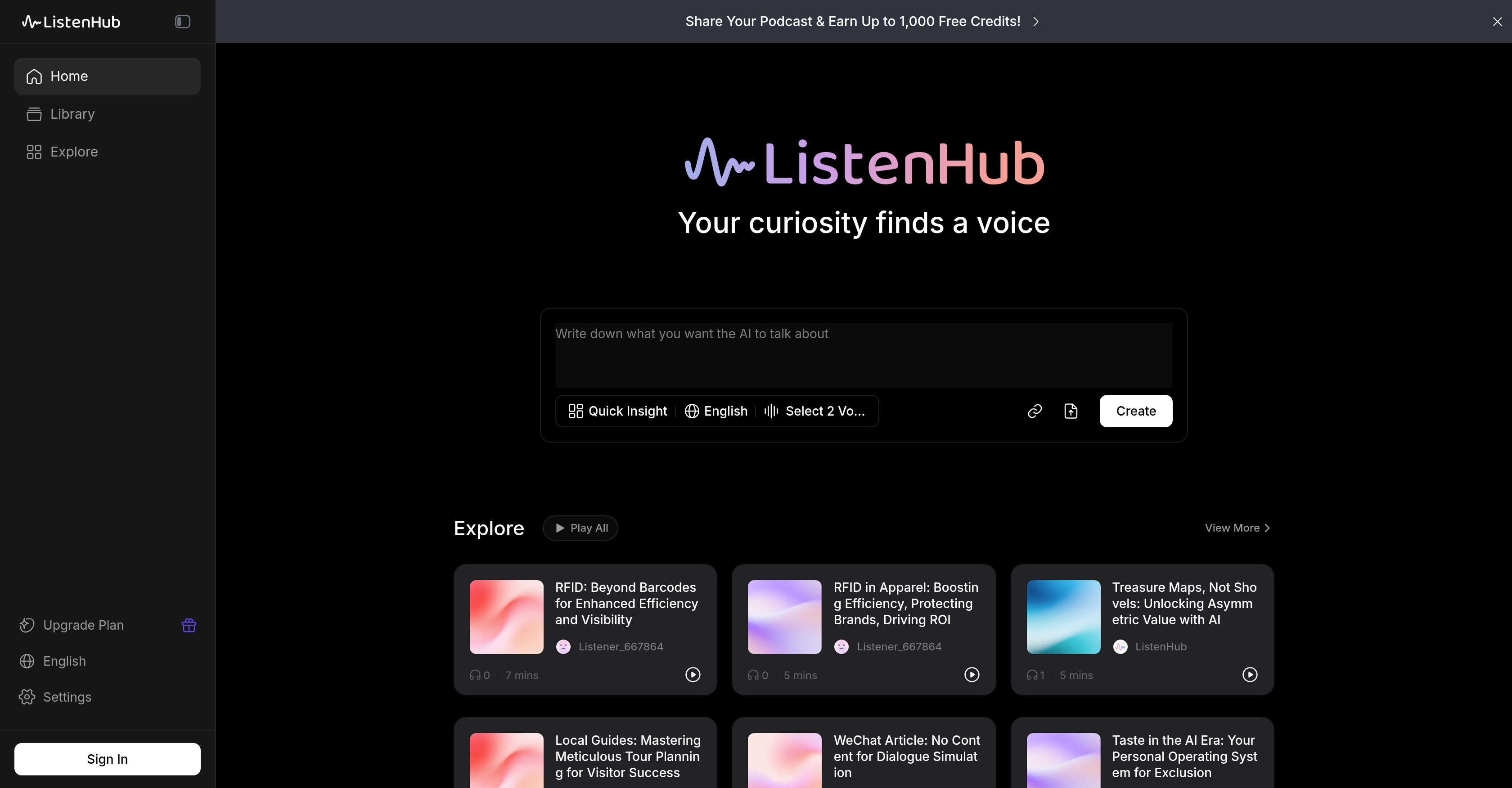 ListenHub - Screenshot showing the interface and features of this AI tool