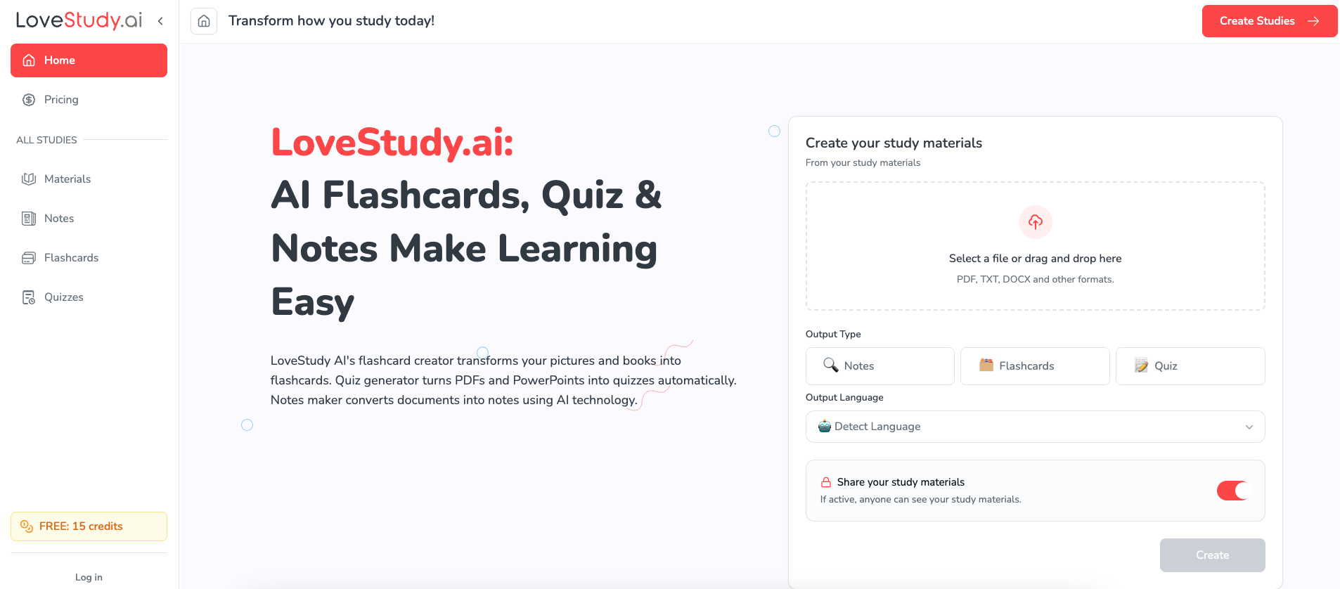 LoveStudy.ai - Screenshot showing the interface and features of this AI tool