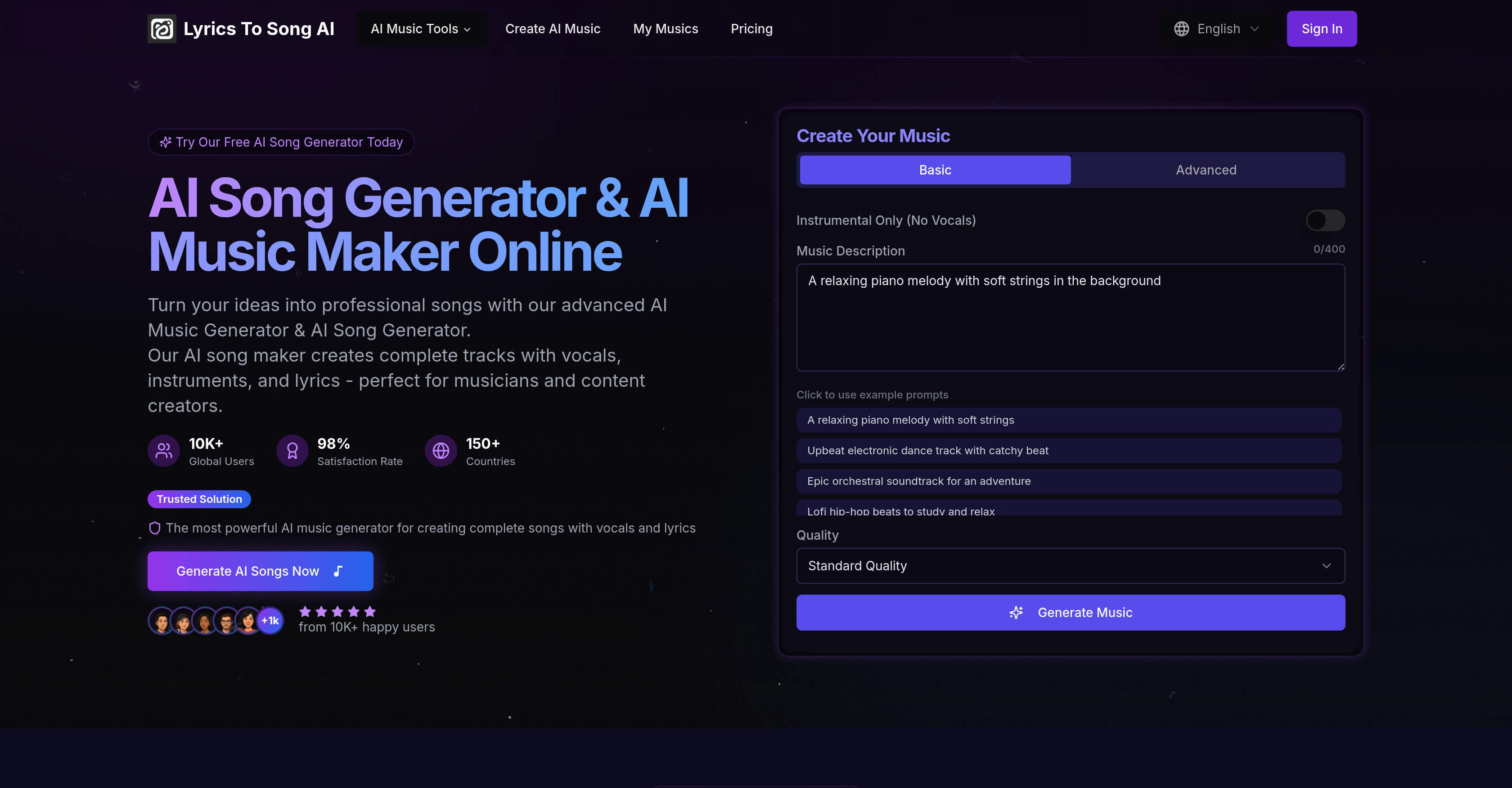 LyricsToSongAI - Screenshot showing the interface and features of this AI tool