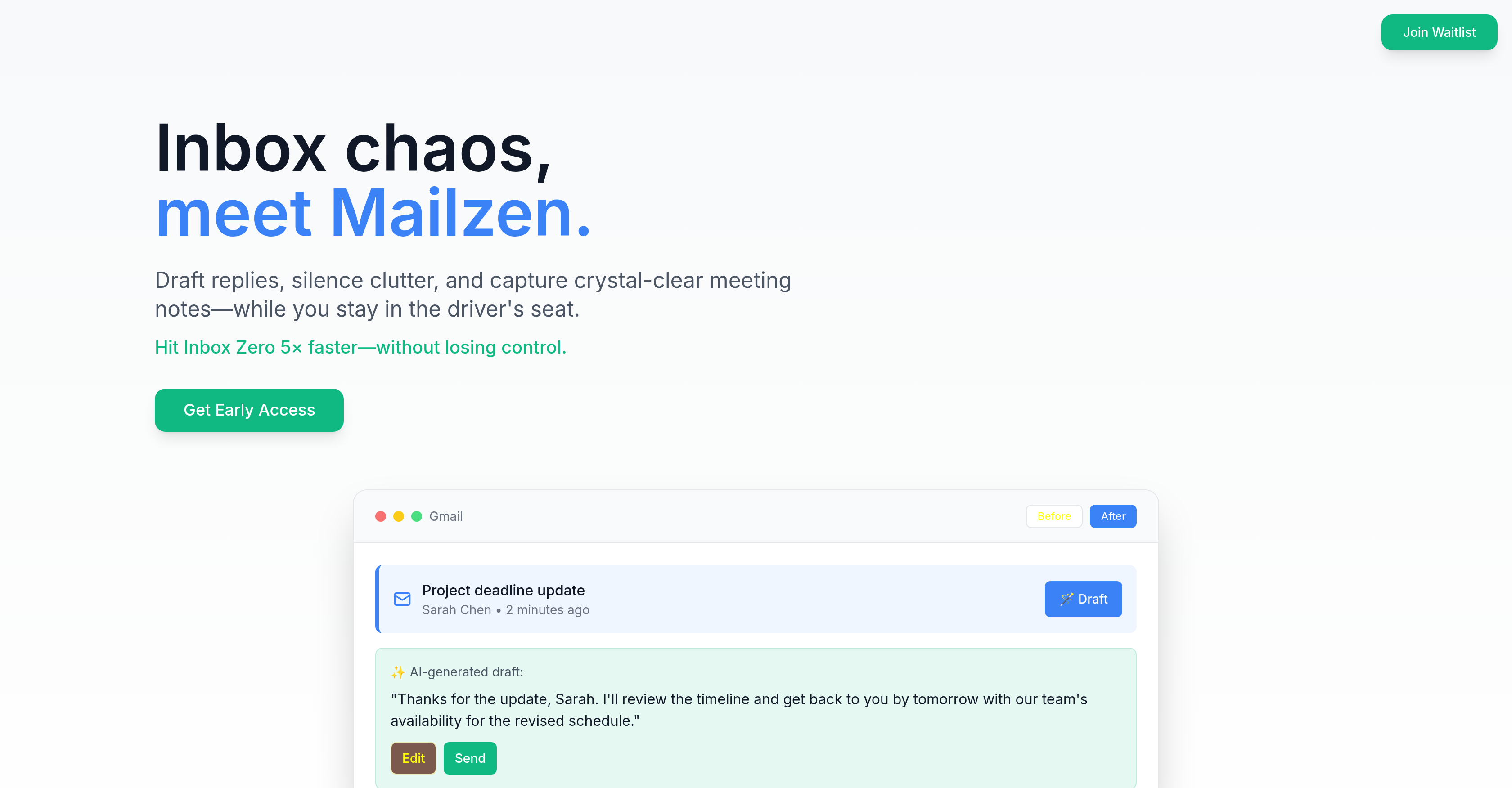 Mailzen.ai — Inbox Zen. Draft ✍️ Declutter 🗂... - Screenshot showing the interface and features of this AI tool
