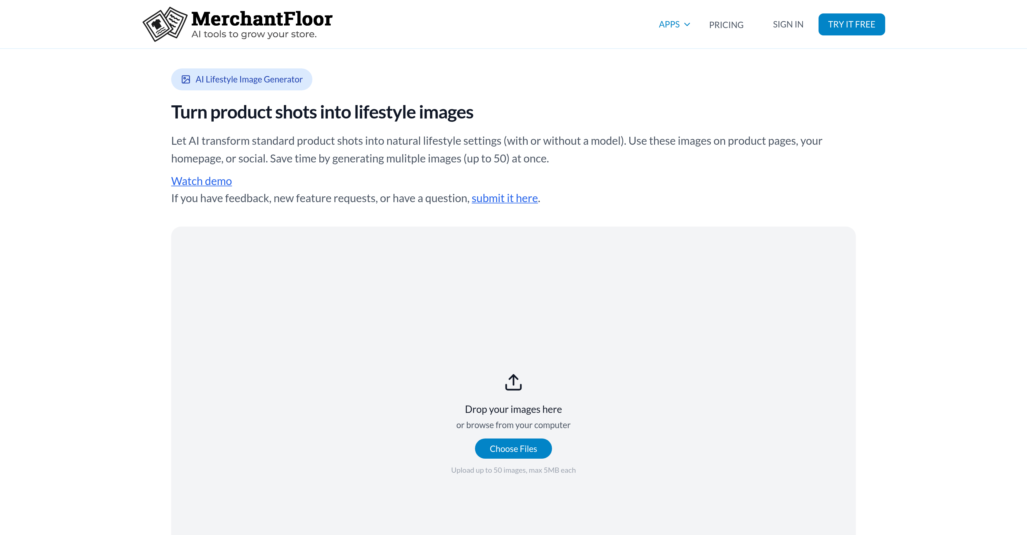 Merchant Floor | Product Images - Screenshot showing the interface and features of this AI tool
