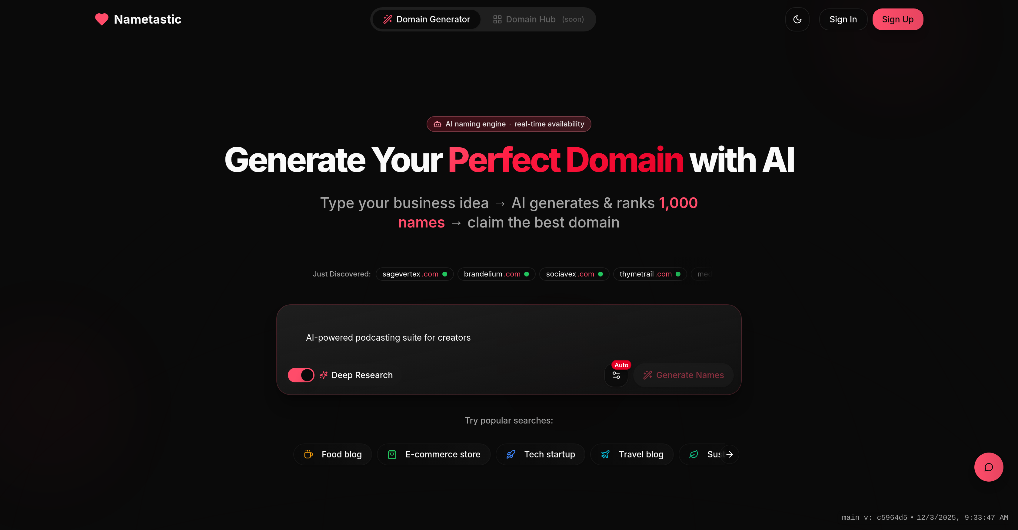 Nametastic - Screenshot showing the interface and features of this AI tool