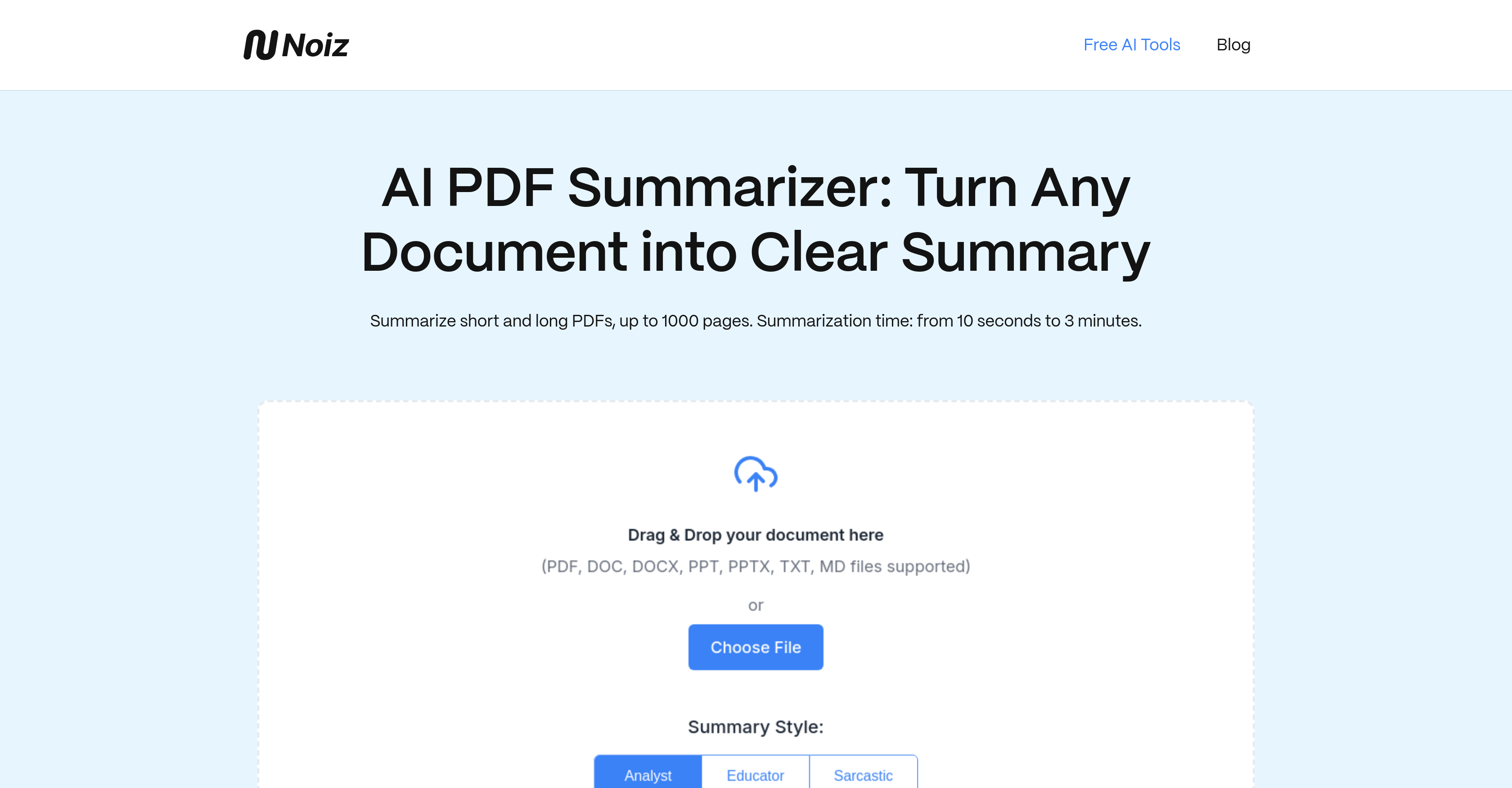 Noiz - AI PDF Summarizer - Screenshot showing the interface and features of this AI tool