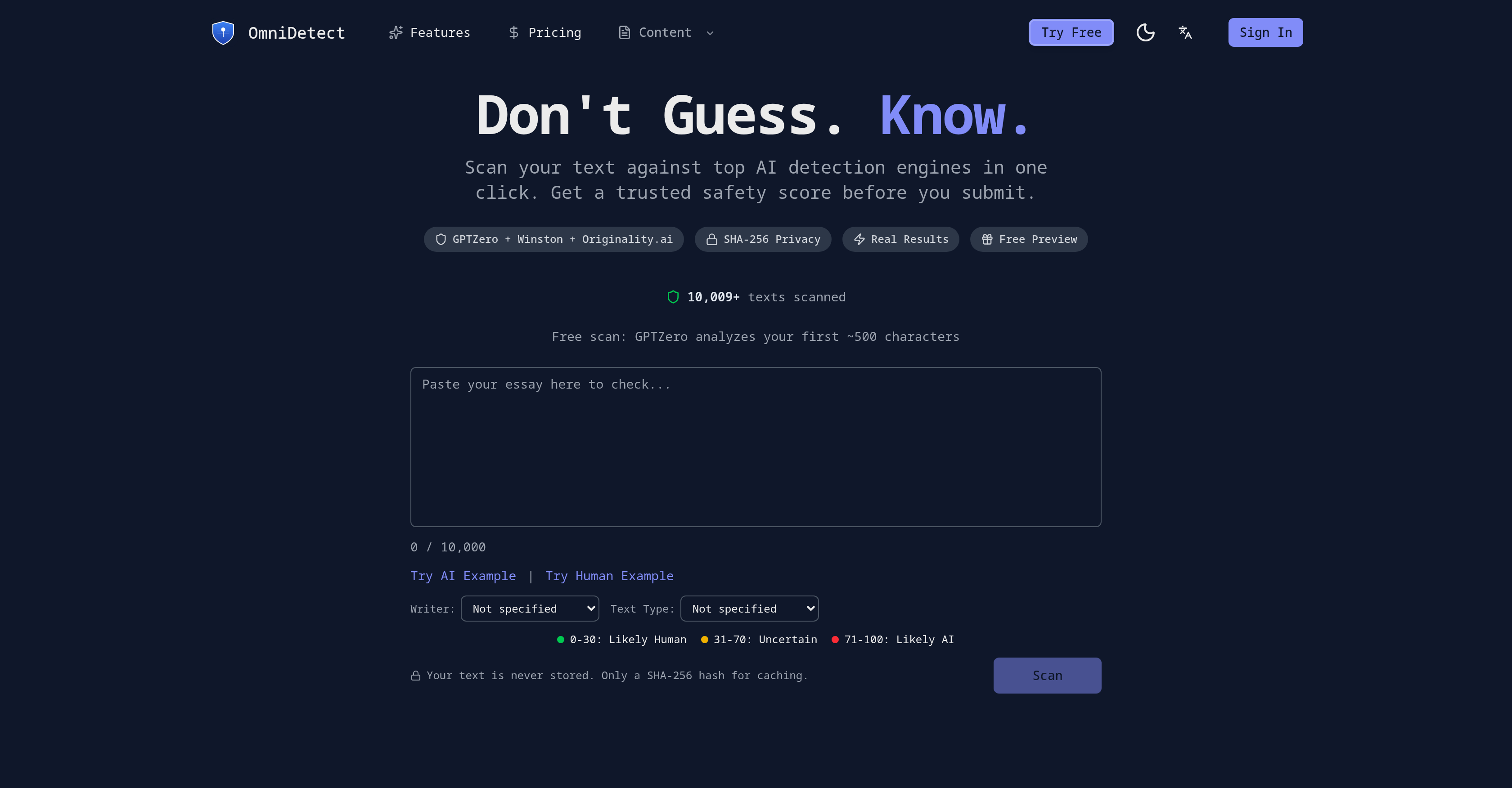 OmniDetect - Screenshot showing the interface and features of this AI tool