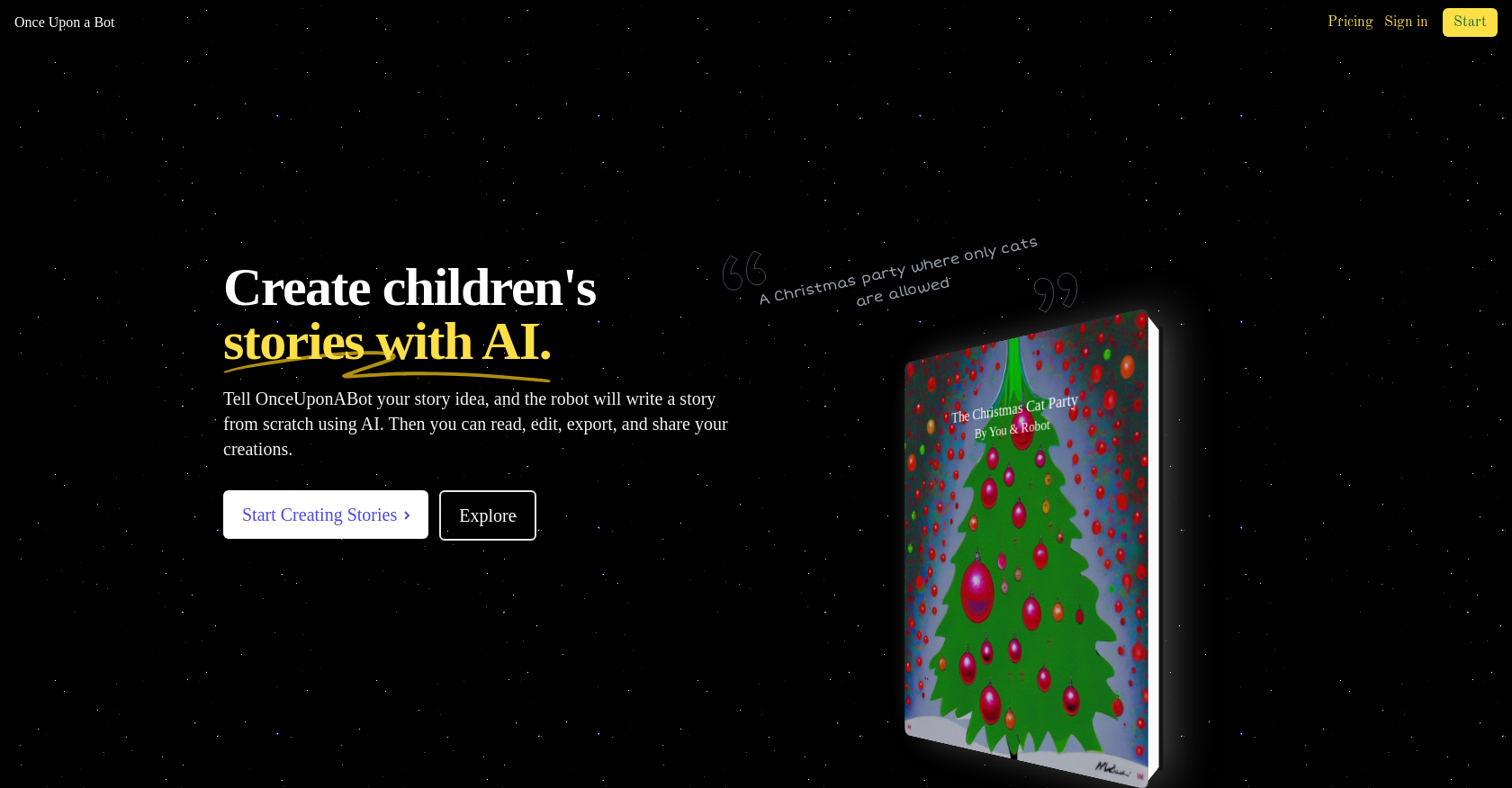 Once Upon A Bot - Screenshot showing the interface and features of this AI tool