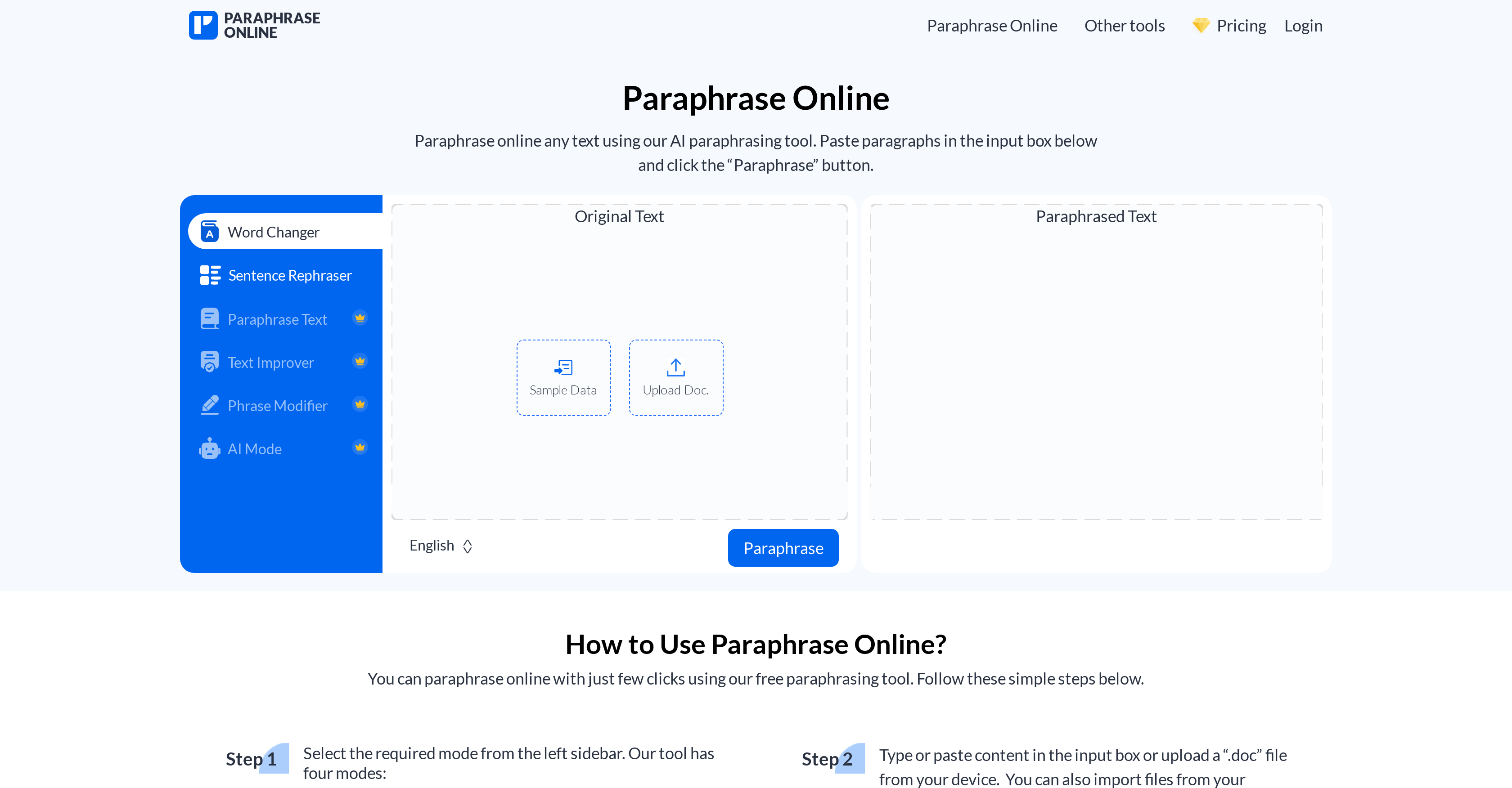 Paraphrase Online - Screenshot showing the interface and features of this AI tool