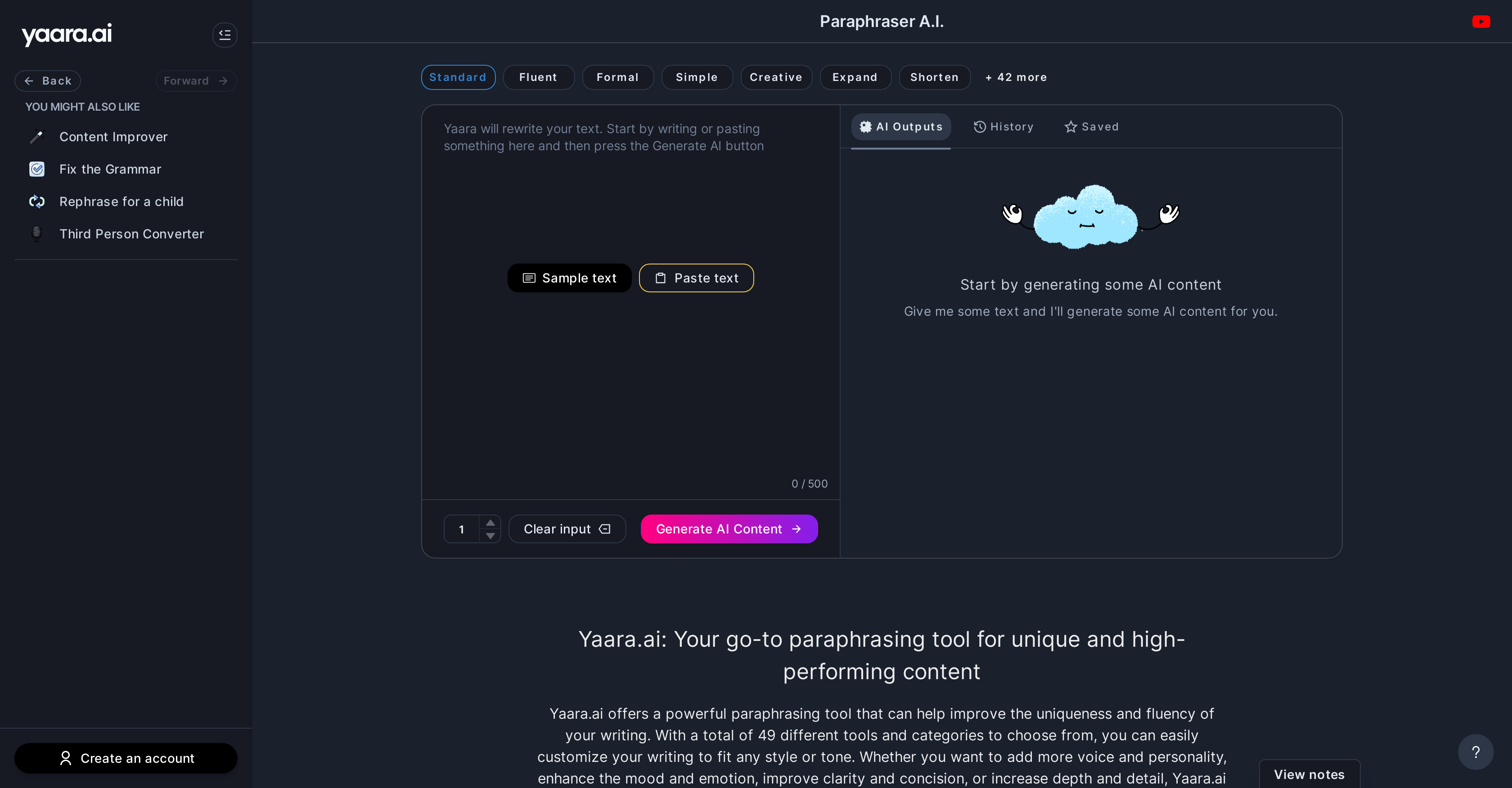 Yaara AI Paraphrasing Tool - Screenshot showing the interface and features of this AI tool