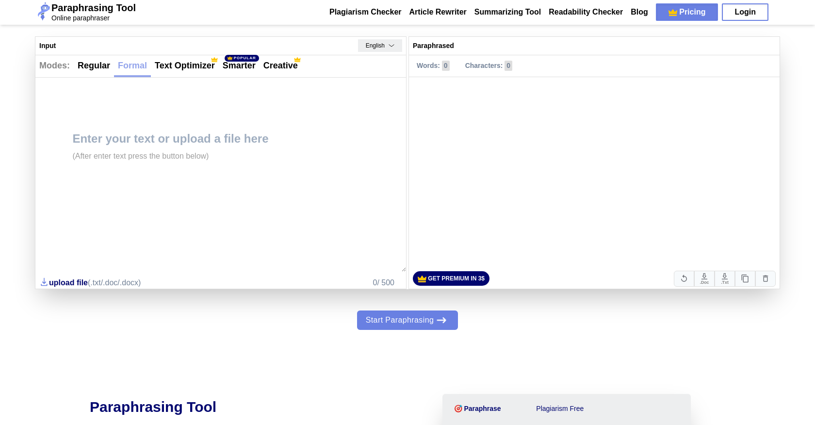Paraphrasing.io - Screenshot showing the interface and features of this AI tool