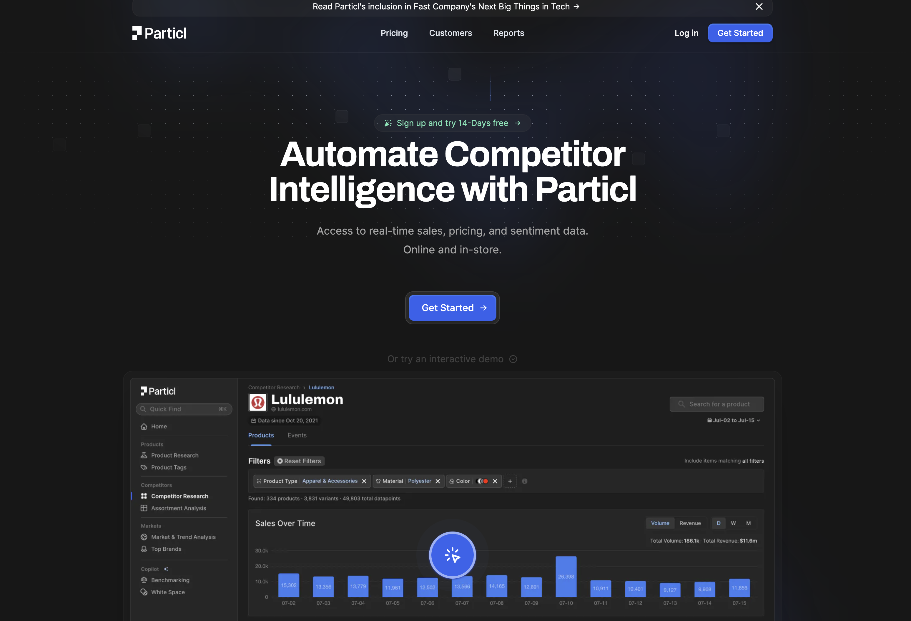 Particl - Screenshot showing the interface and features of this AI tool