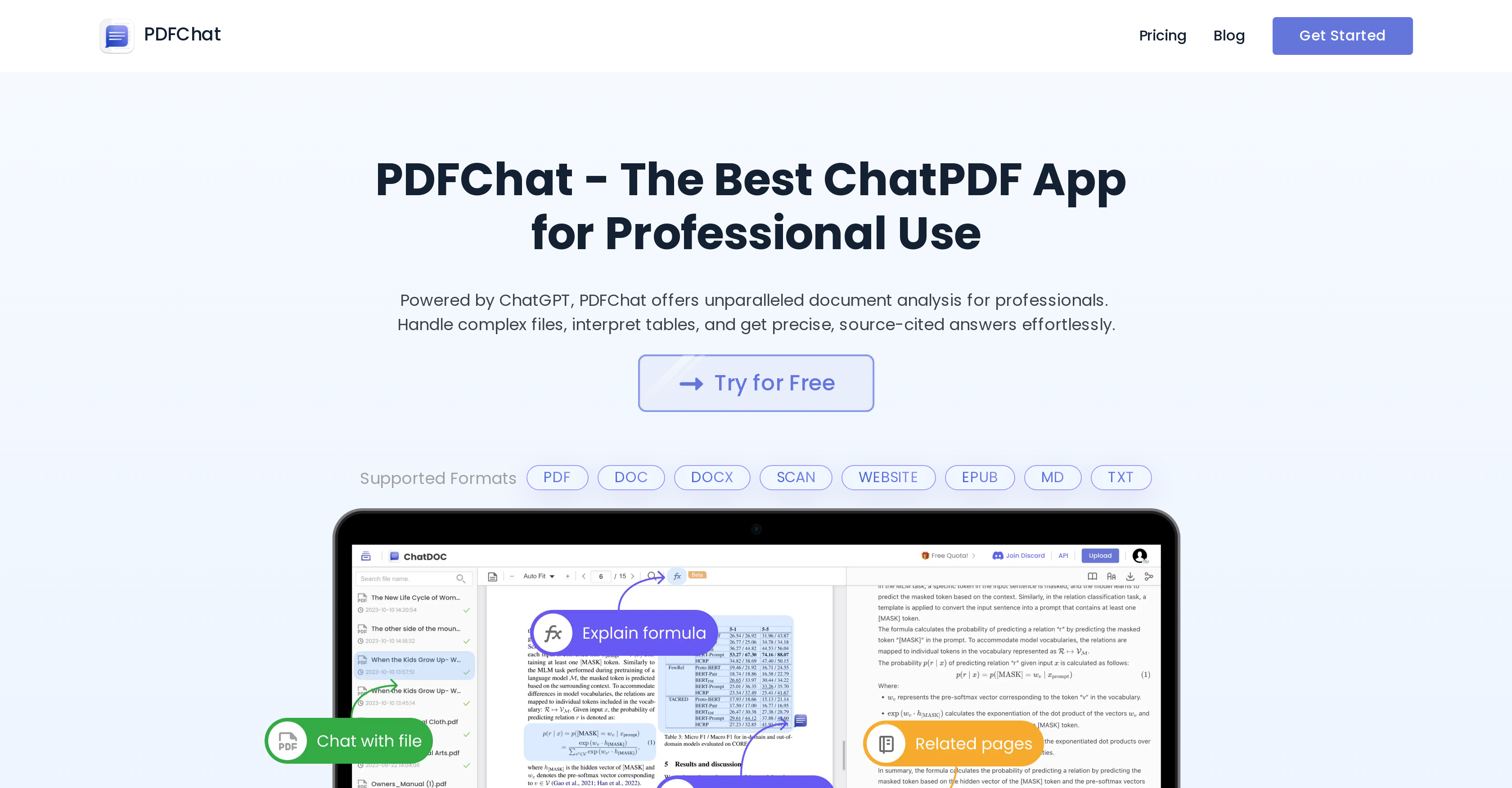 PDFChat.com - Screenshot showing the interface and features of this AI tool