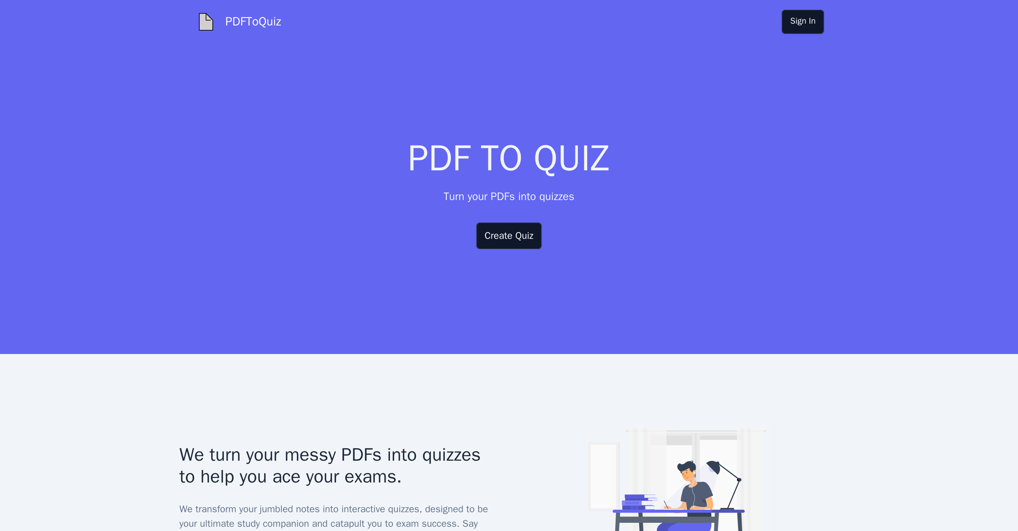 PDFToQuiz - Screenshot showing the interface and features of this AI tool