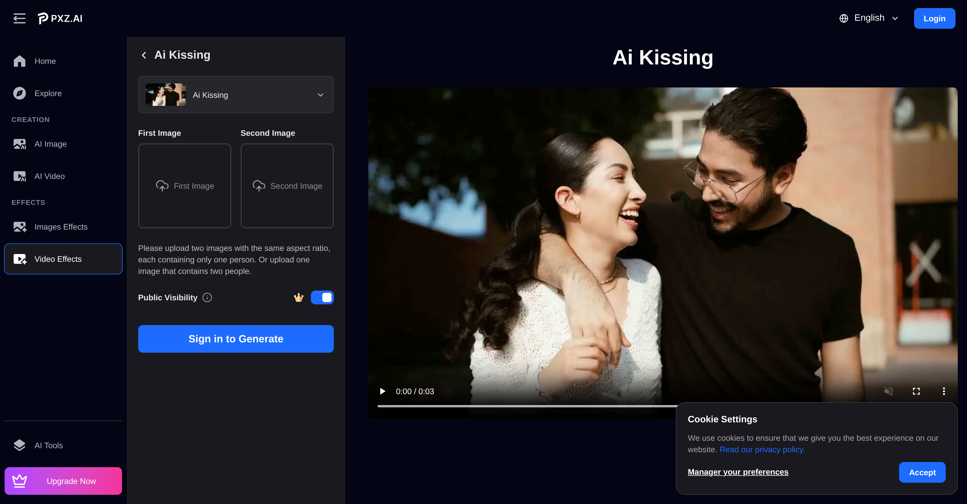 PXZ AI | Kissing Videos - Screenshot showing the interface and features of this AI tool
