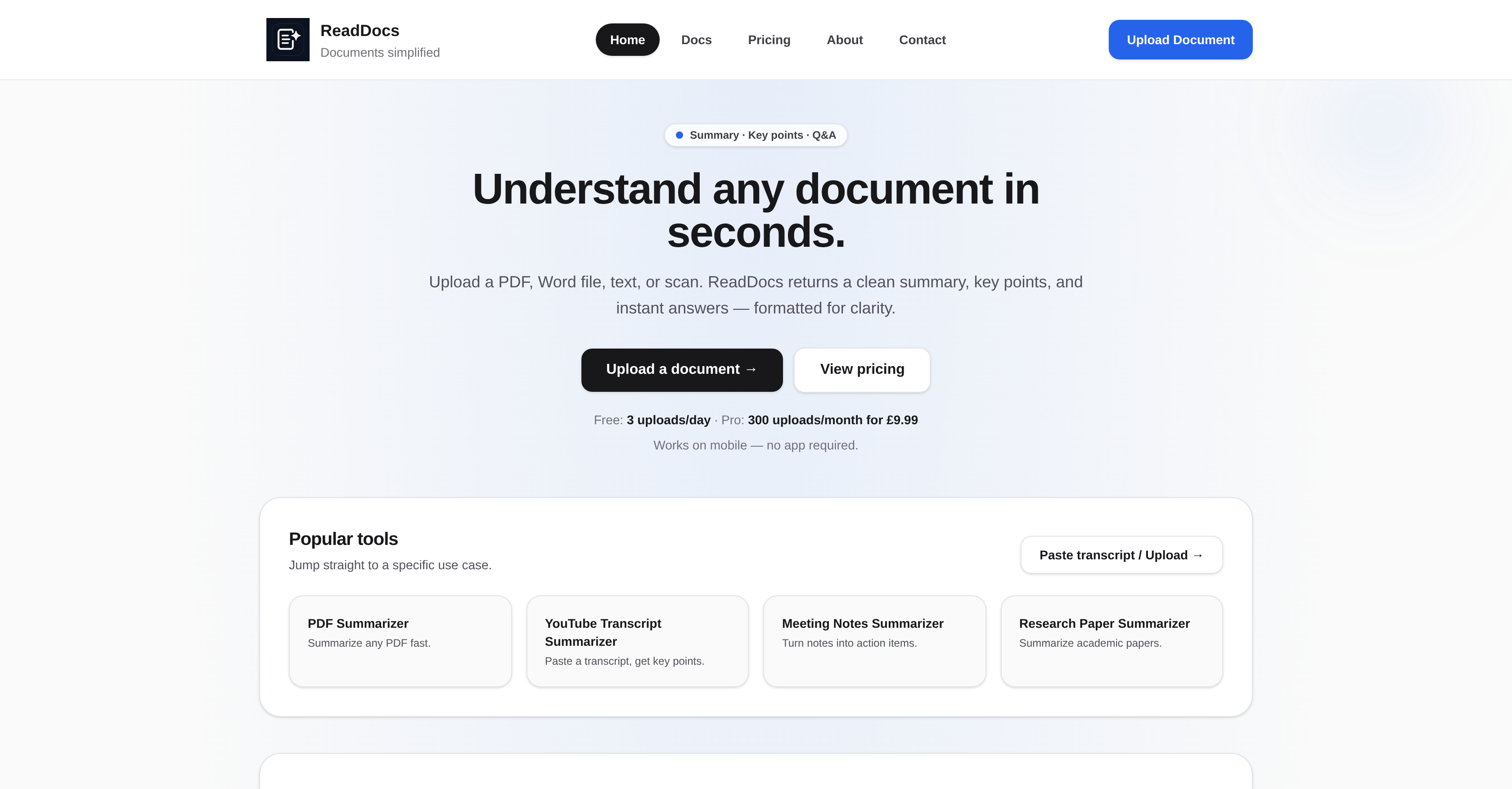 ReadDocs - Screenshot showing the interface and features of this AI tool
