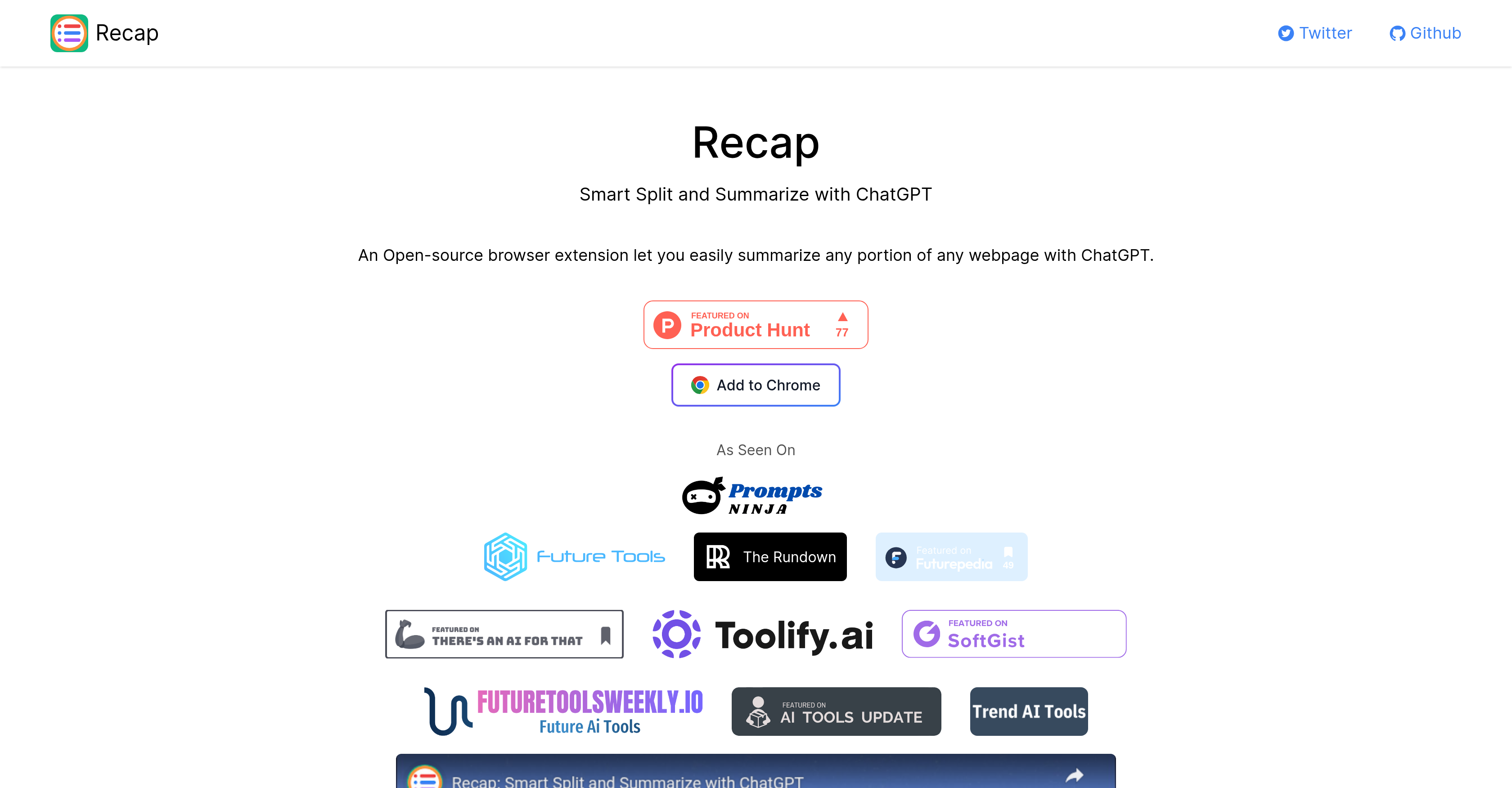 Recap: Smart Split and Summarize with ChatGPT - Screenshot showing the interface and features of this AI tool