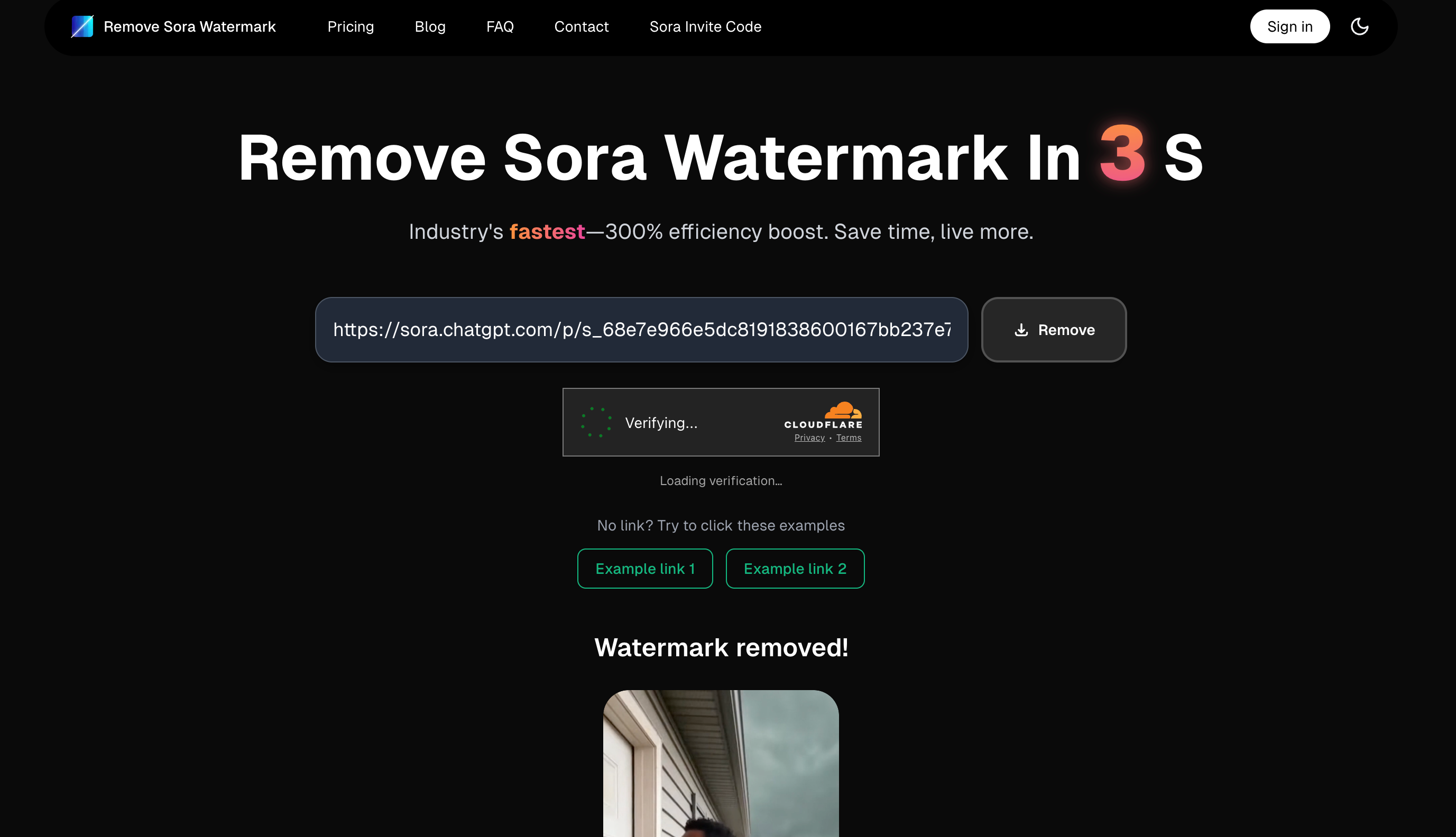 RemoveSoraWatermark in 3s - Screenshot showing the interface and features of this AI tool