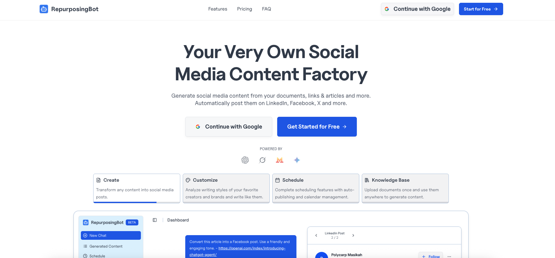 RepurposingBot - Screenshot showing the interface and features of this AI tool
