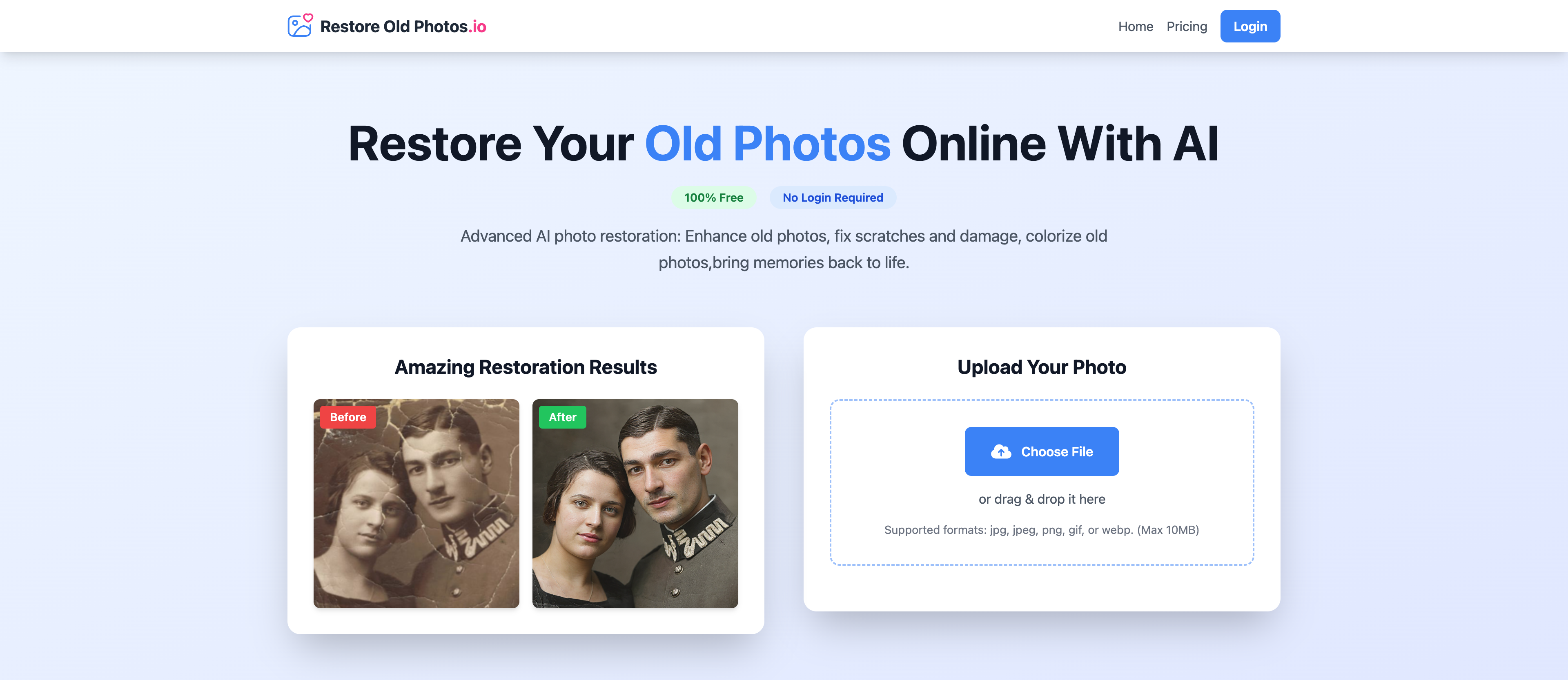 Restore Old Photos.io - Screenshot showing the interface and features of this AI tool