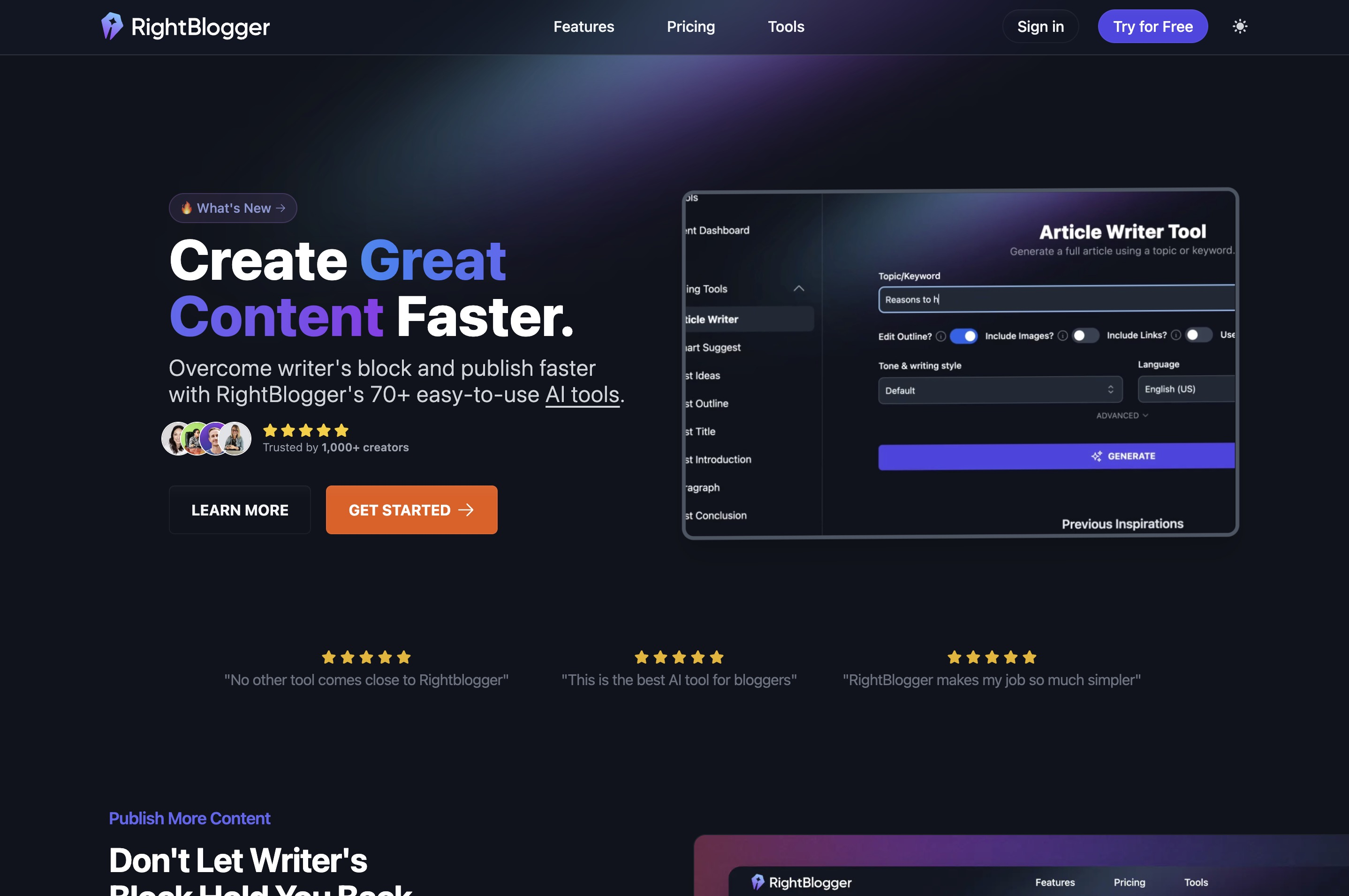 RightBloggerv2.5 - Screenshot showing the interface and features of this AI tool