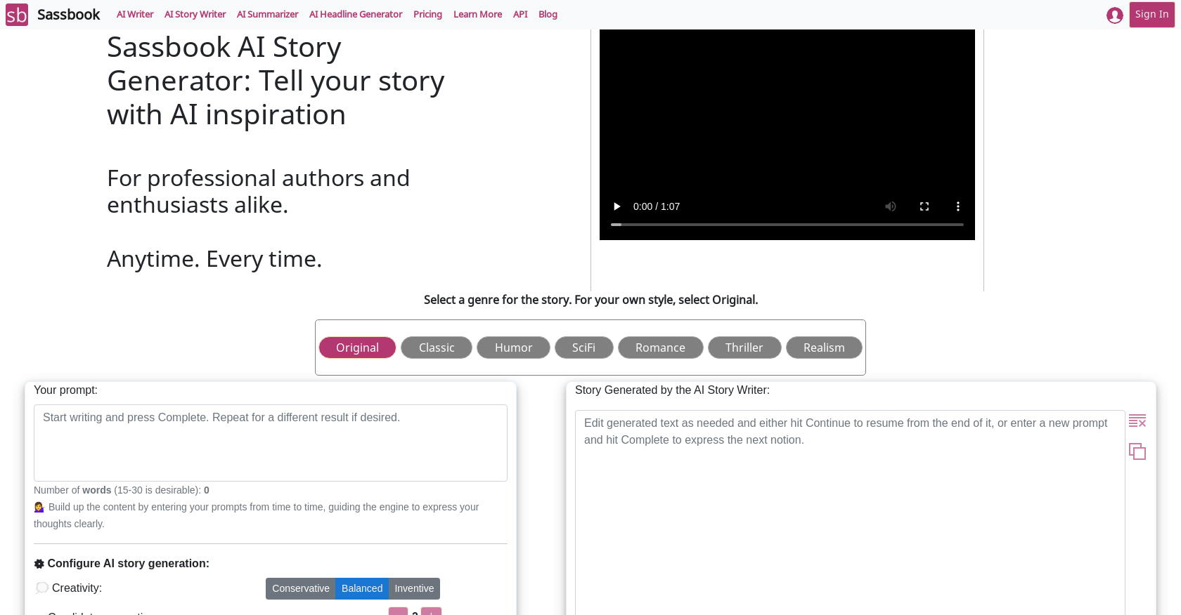 Sassbook AI Story generator - Screenshot showing the interface and features of this AI tool