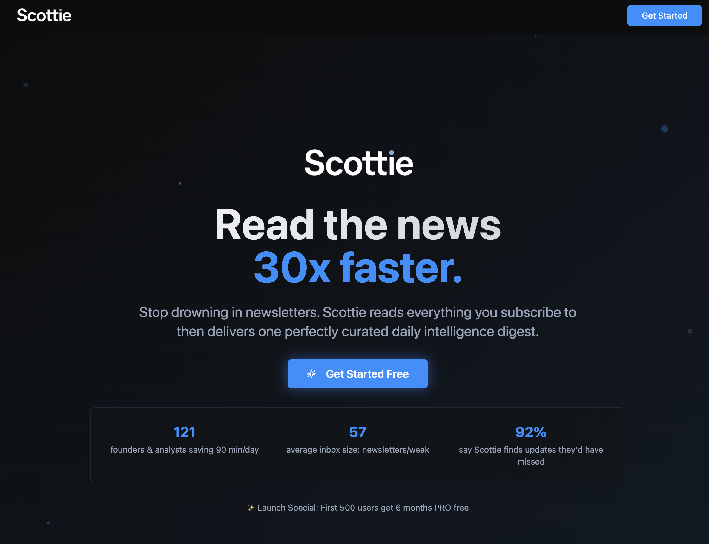 Scottie — Read Less, Know More | $12/mo Newsletter ...v1.6 - Screenshot showing the interface and features of this AI tool