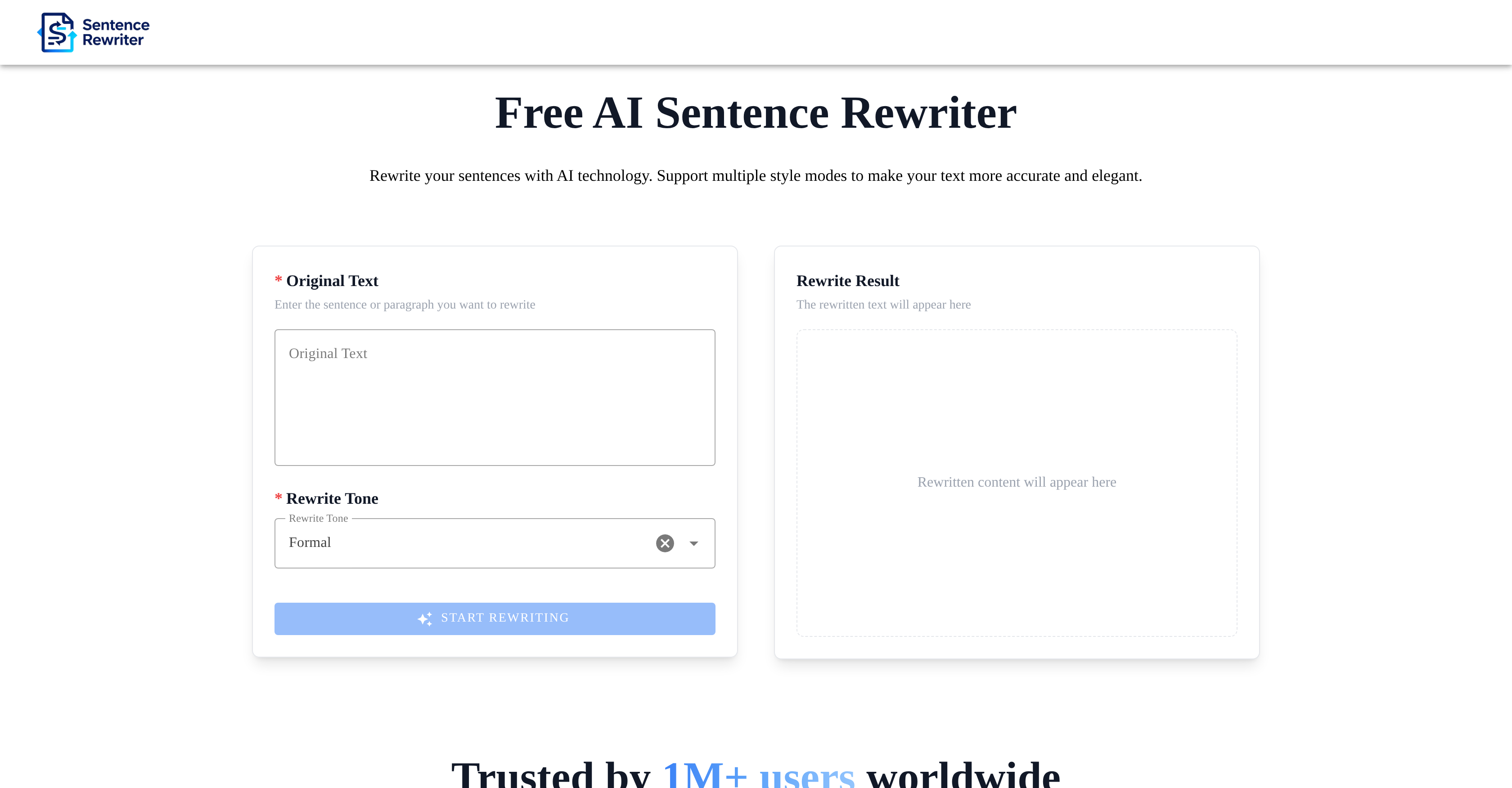 Sentence Rewriter.cc - Screenshot showing the interface and features of this AI tool