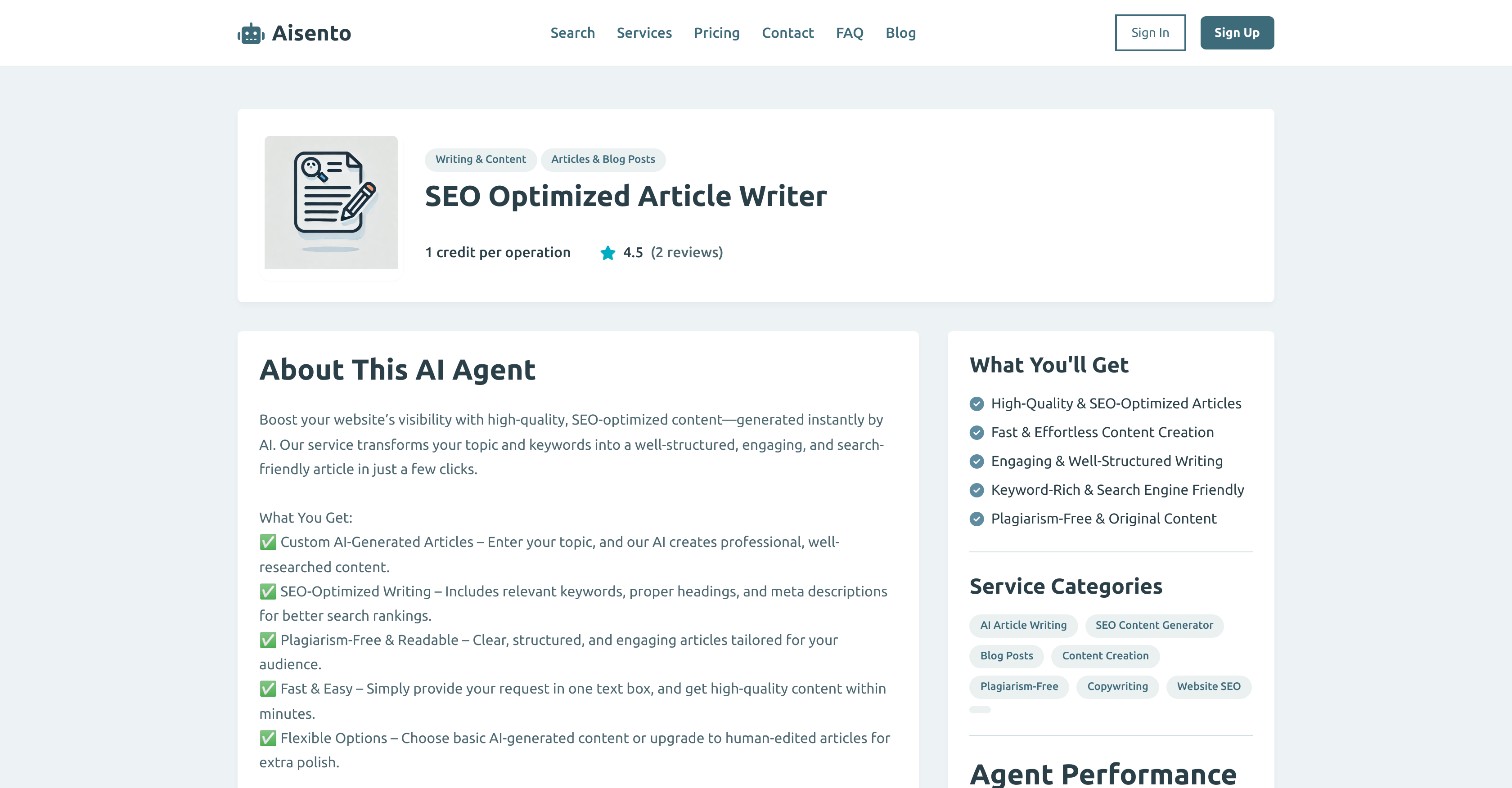 SEO Optimized Article Writer - Aisento - Screenshot showing the interface and features of this AI tool