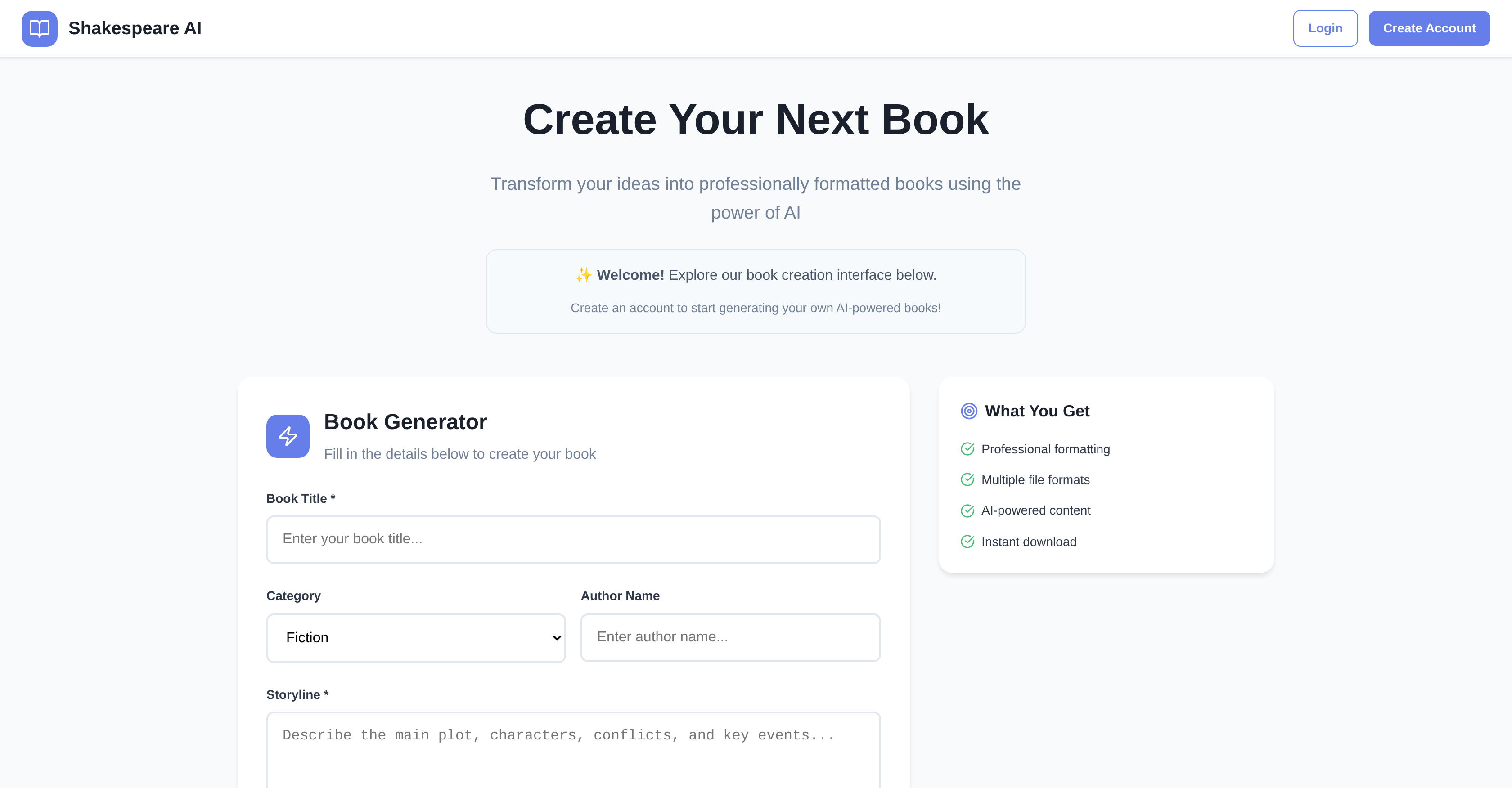 ShakespeareAI.ca - Screenshot showing the interface and features of this AI tool
