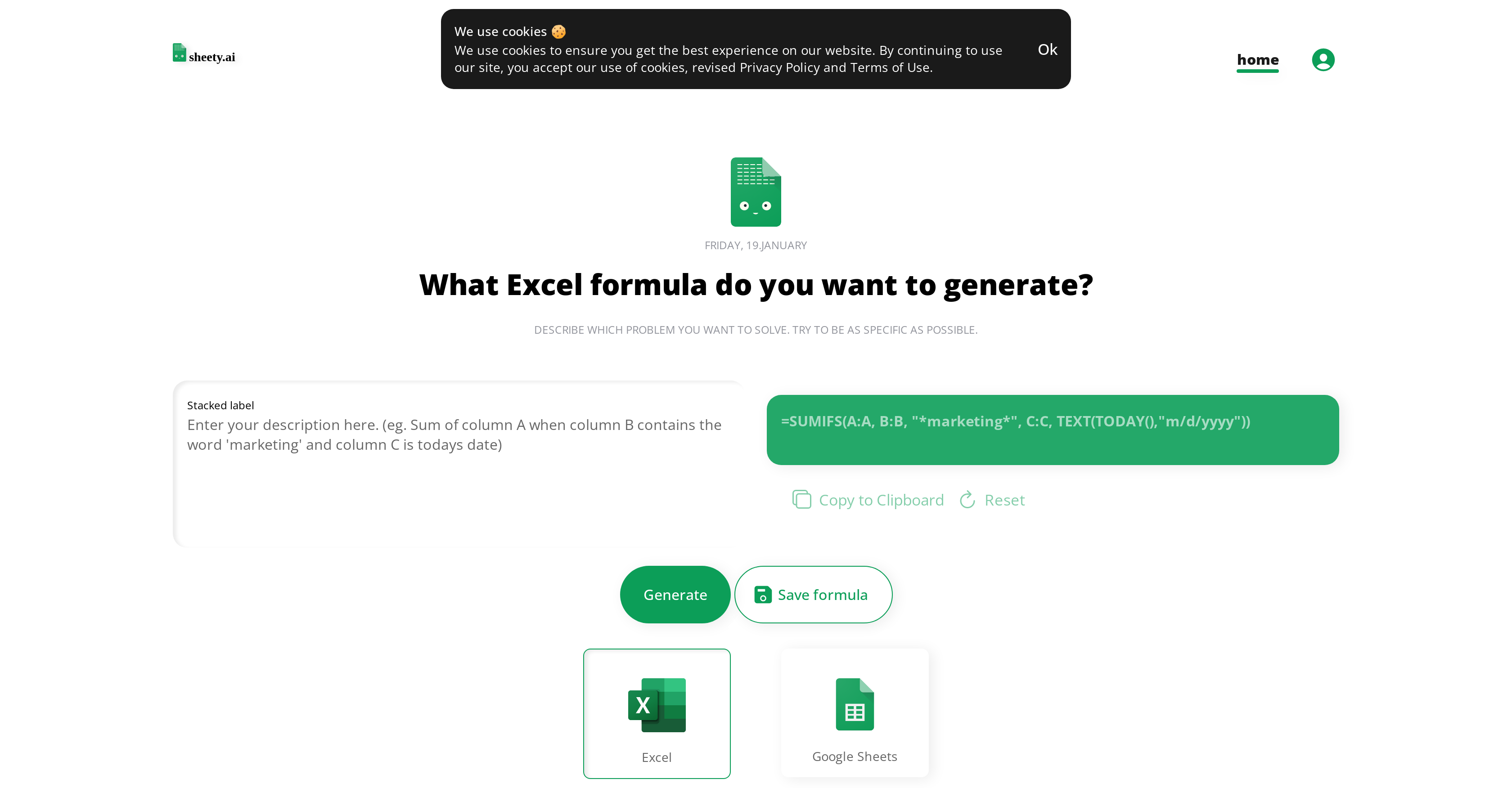 SheetyAI - Screenshot showing the interface and features of this AI tool