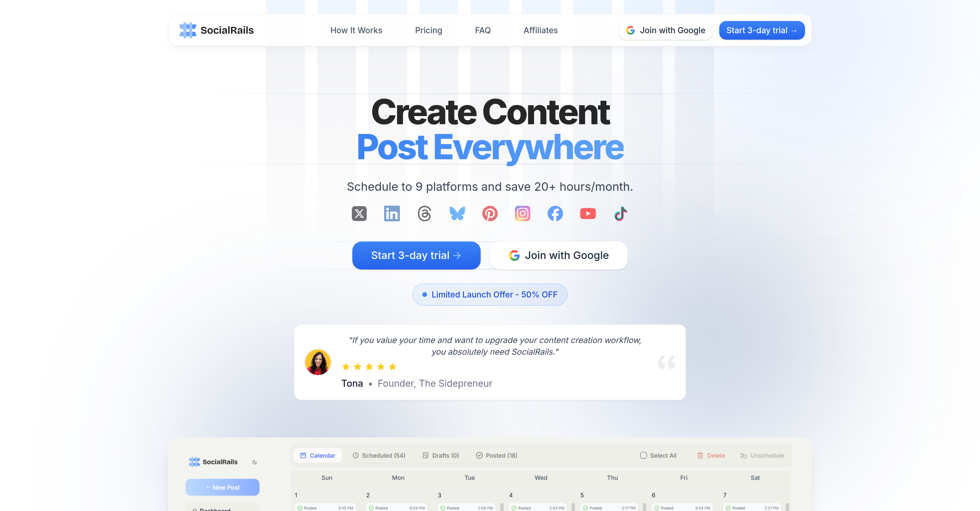 SocialRails - Screenshot showing the interface and features of this AI tool