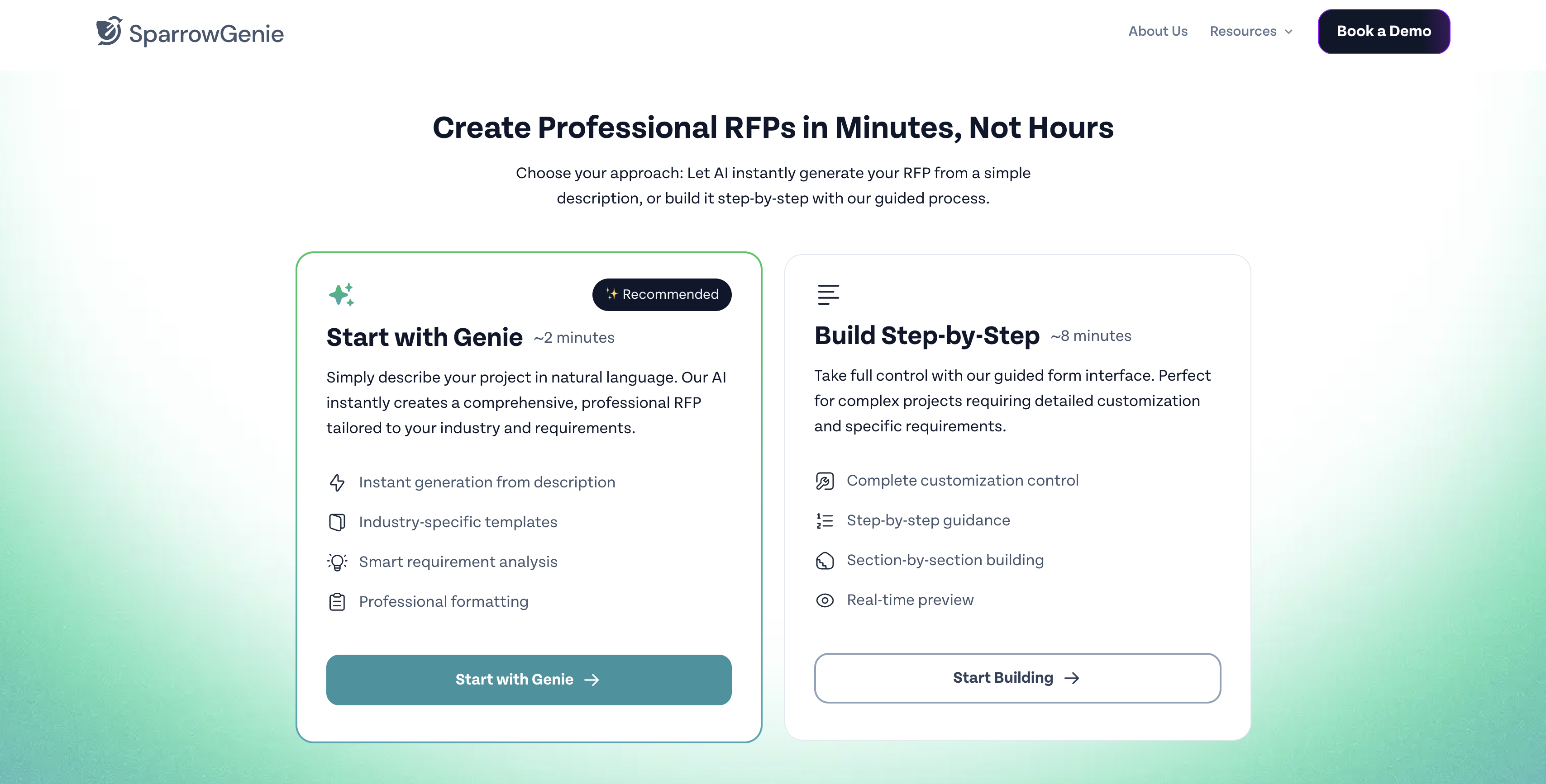 SparrowGenie | Free RFP Generator - Screenshot showing the interface and features of this AI tool