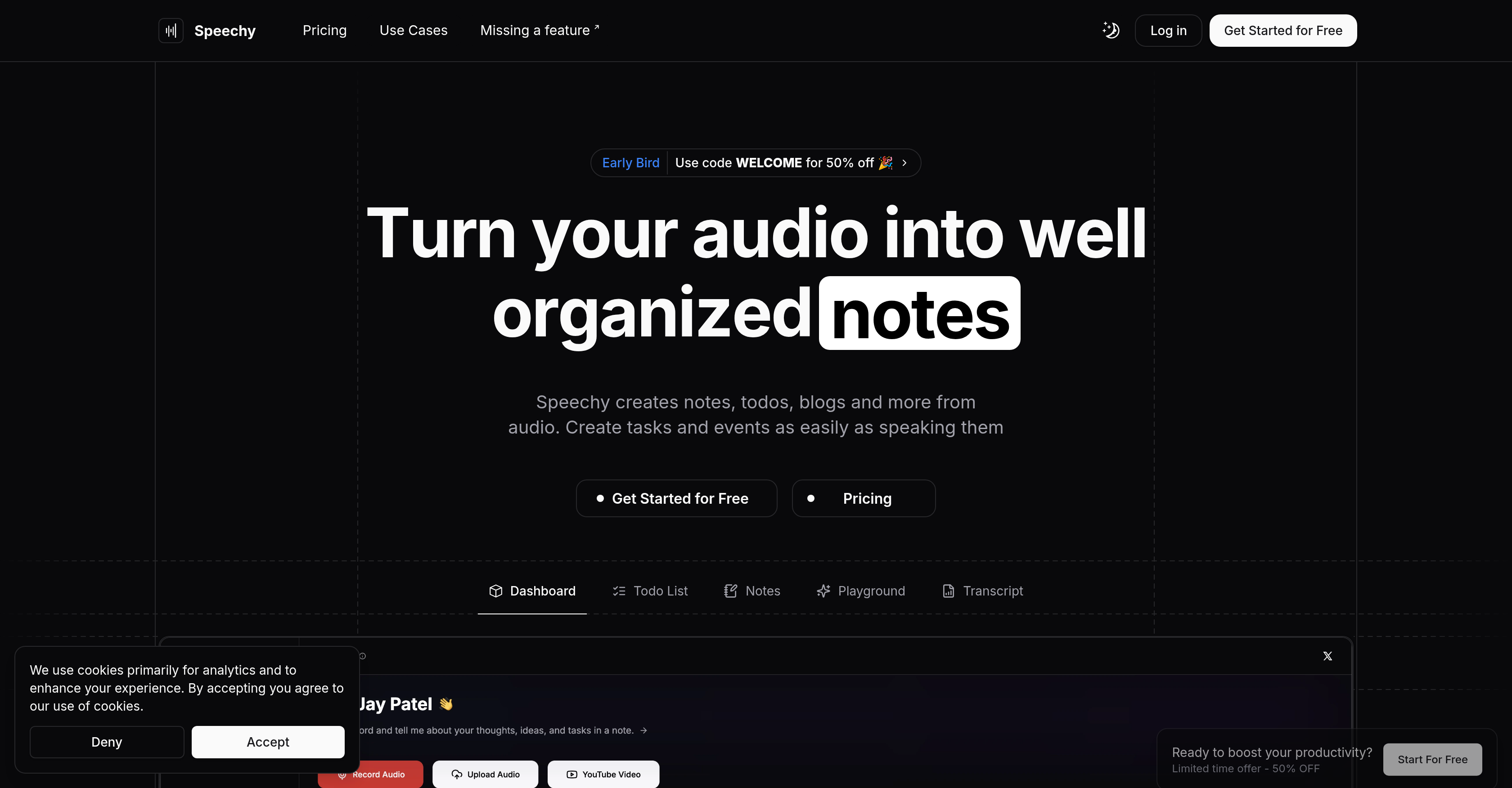 Speechy - Screenshot showing the interface and features of this AI tool