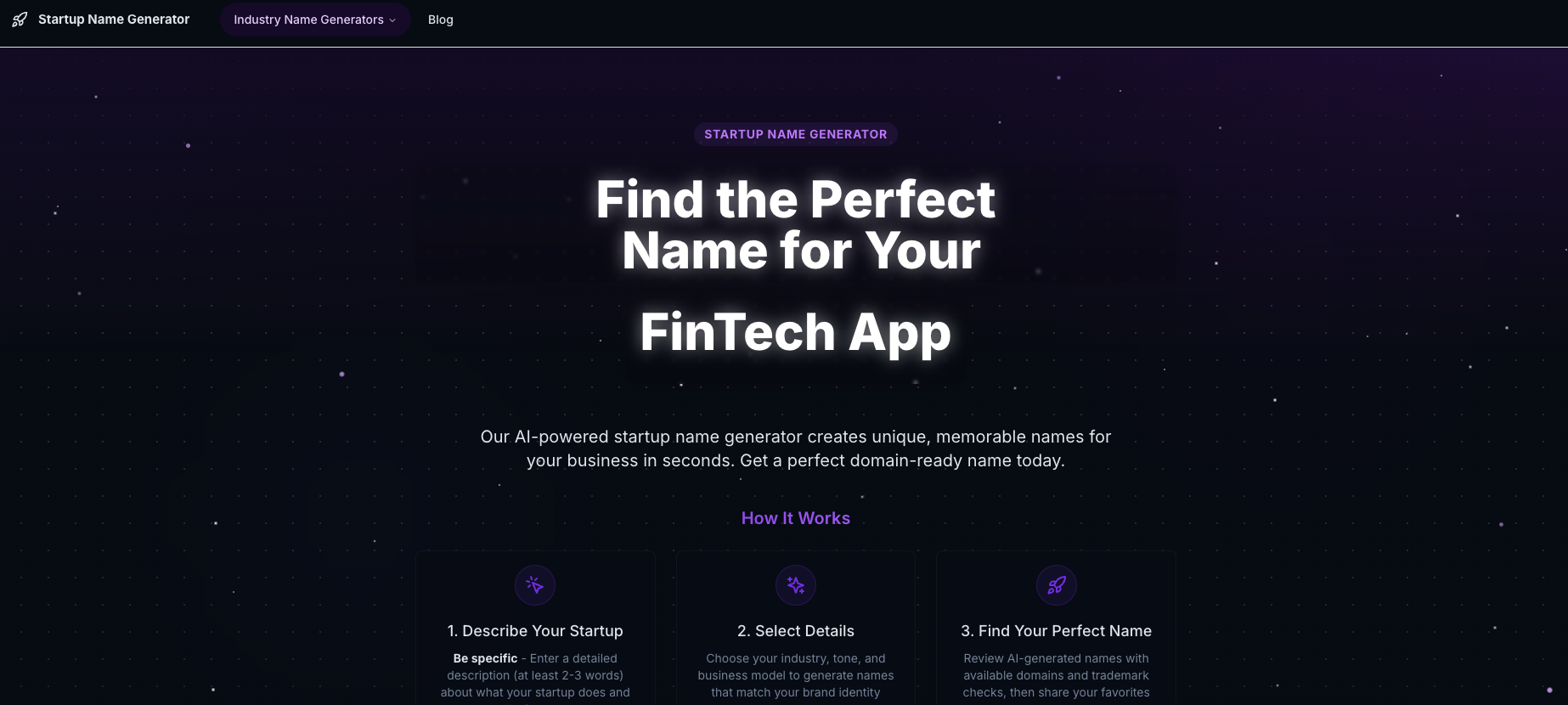 StartupNameGenerator - Screenshot showing the interface and features of this AI tool