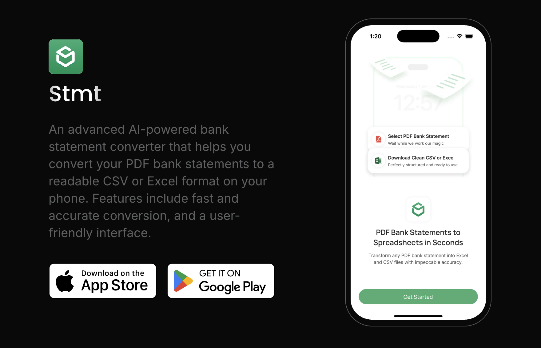 Stmt: Bank Statement Converter - Screenshot showing the interface and features of this AI tool
