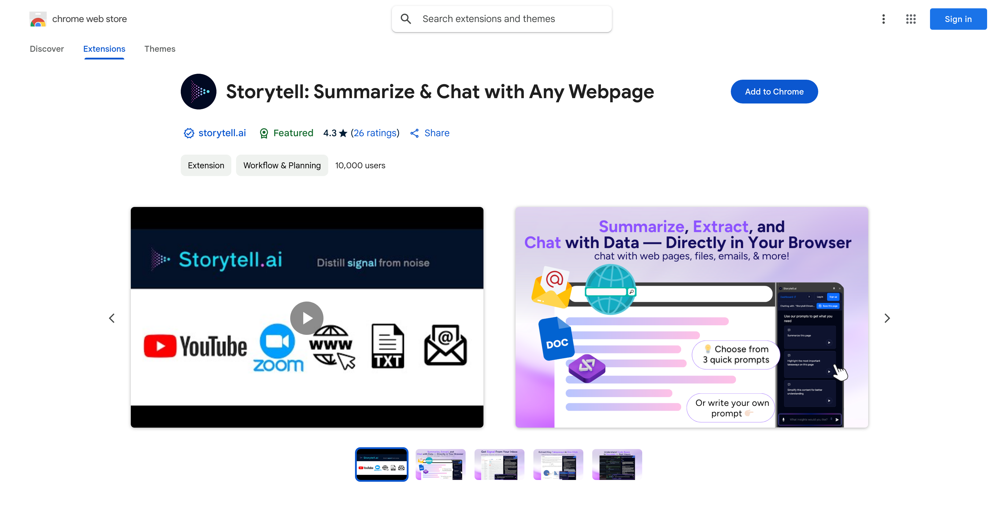 Storytell: Summarize & Chat with Any Webpage - Screenshot showing the interface and features of this AI tool