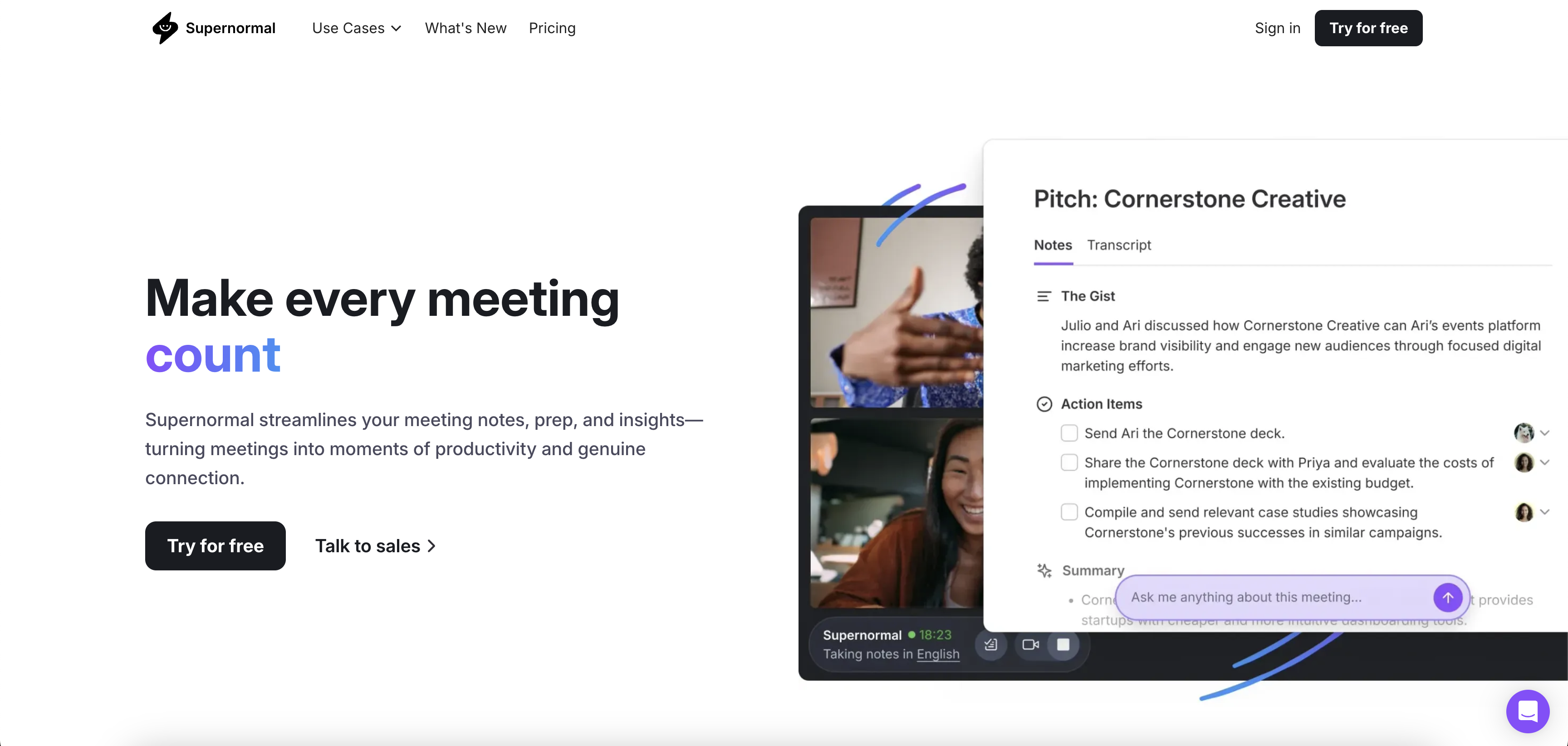 Supernormal - Screenshot showing the interface and features of this AI tool