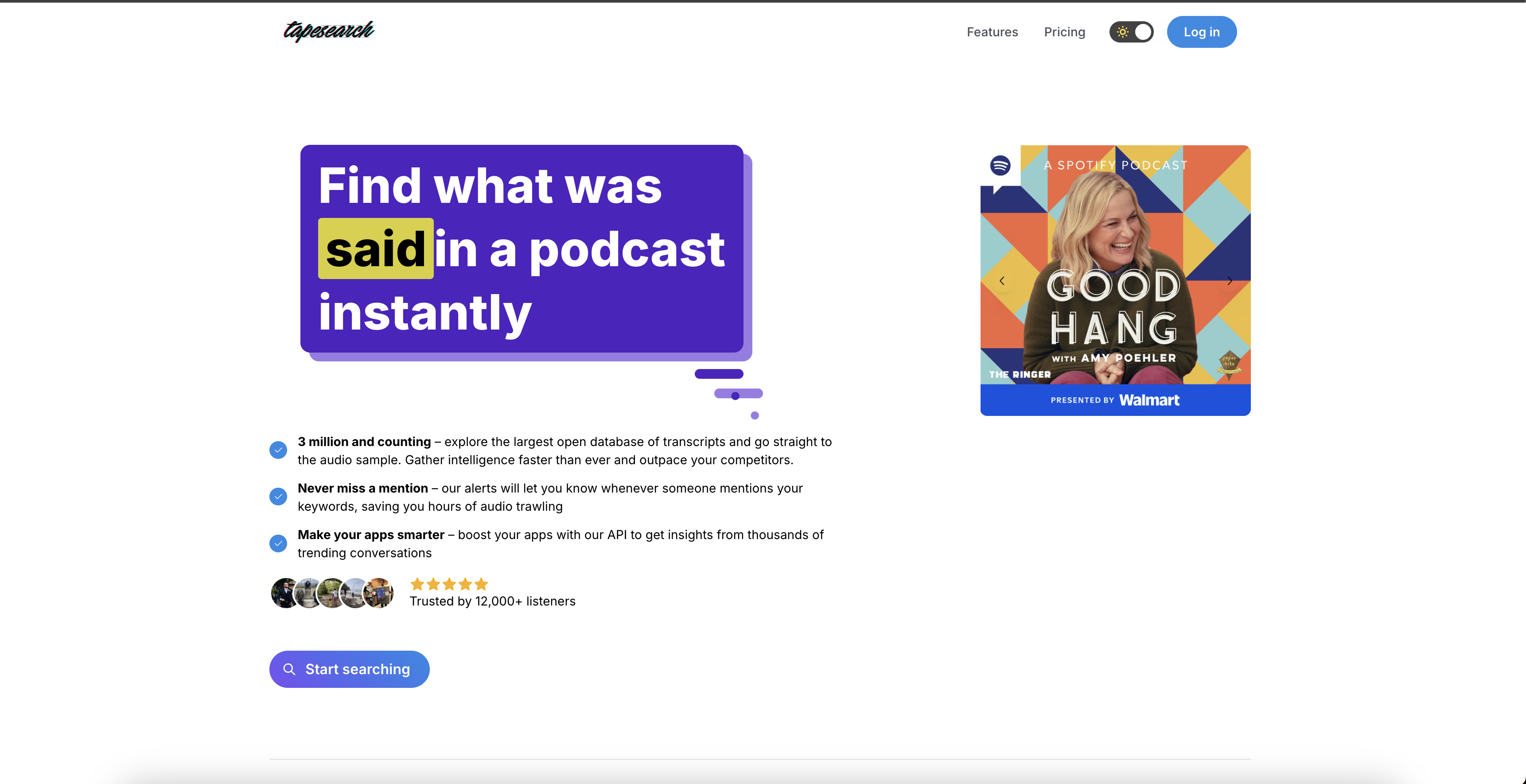 Tapesearch - Screenshot showing the interface and features of this AI tool