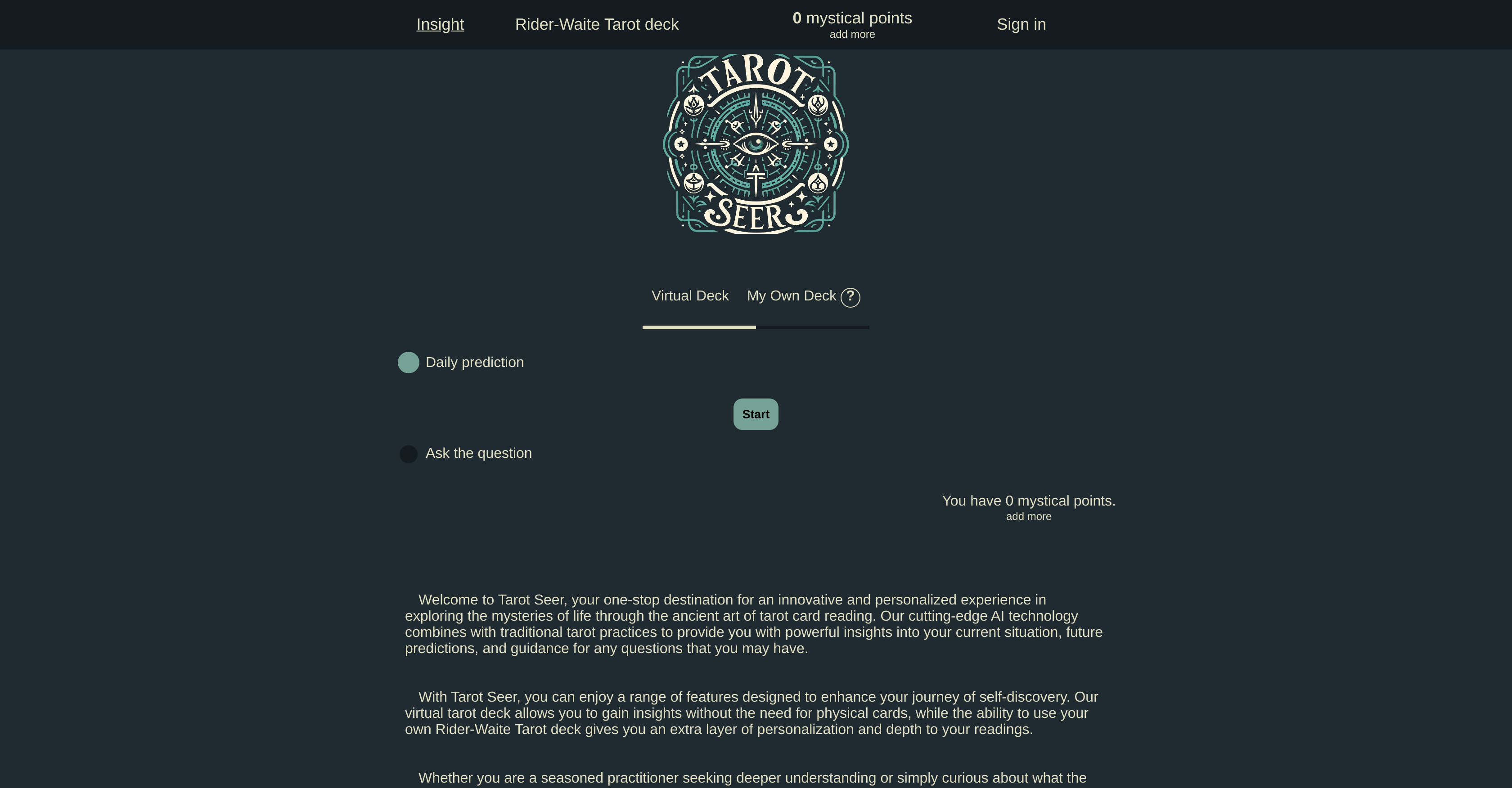 Tarot Seer - Screenshot showing the interface and features of this AI tool