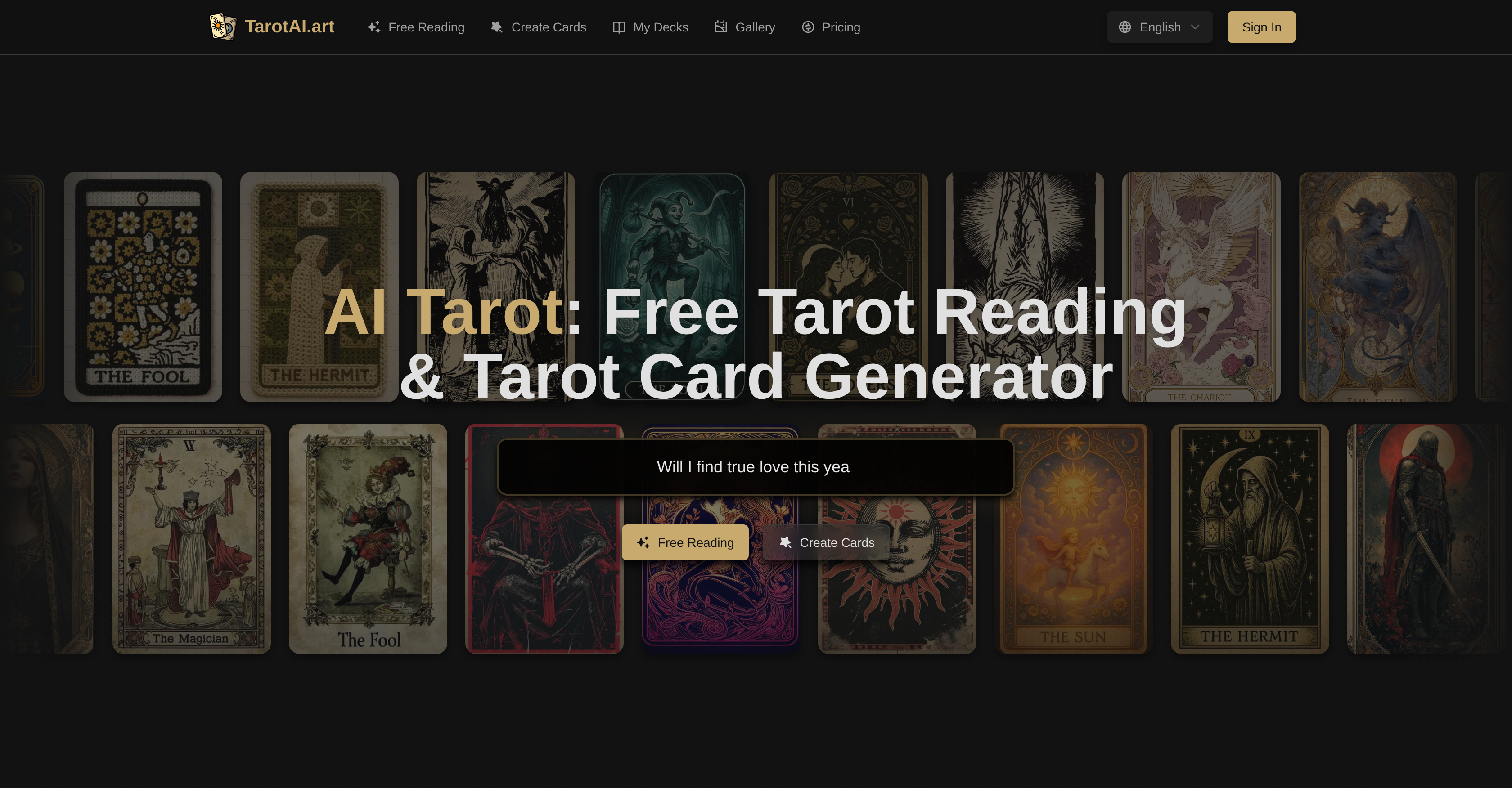TarotAI.art - Screenshot showing the interface and features of this AI tool