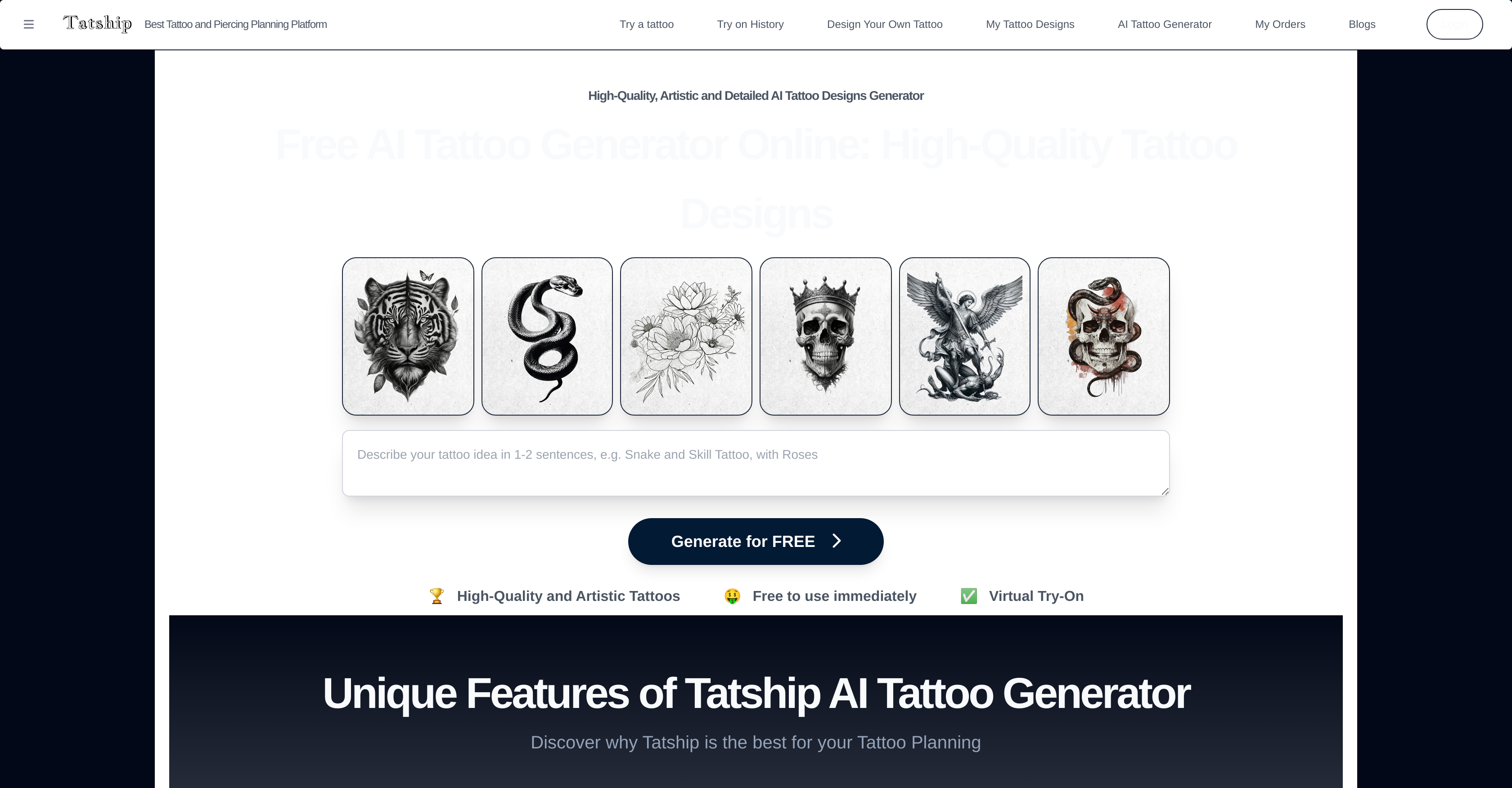 Tatship AI Tattoo Generator - Screenshot showing the interface and features of this AI tool