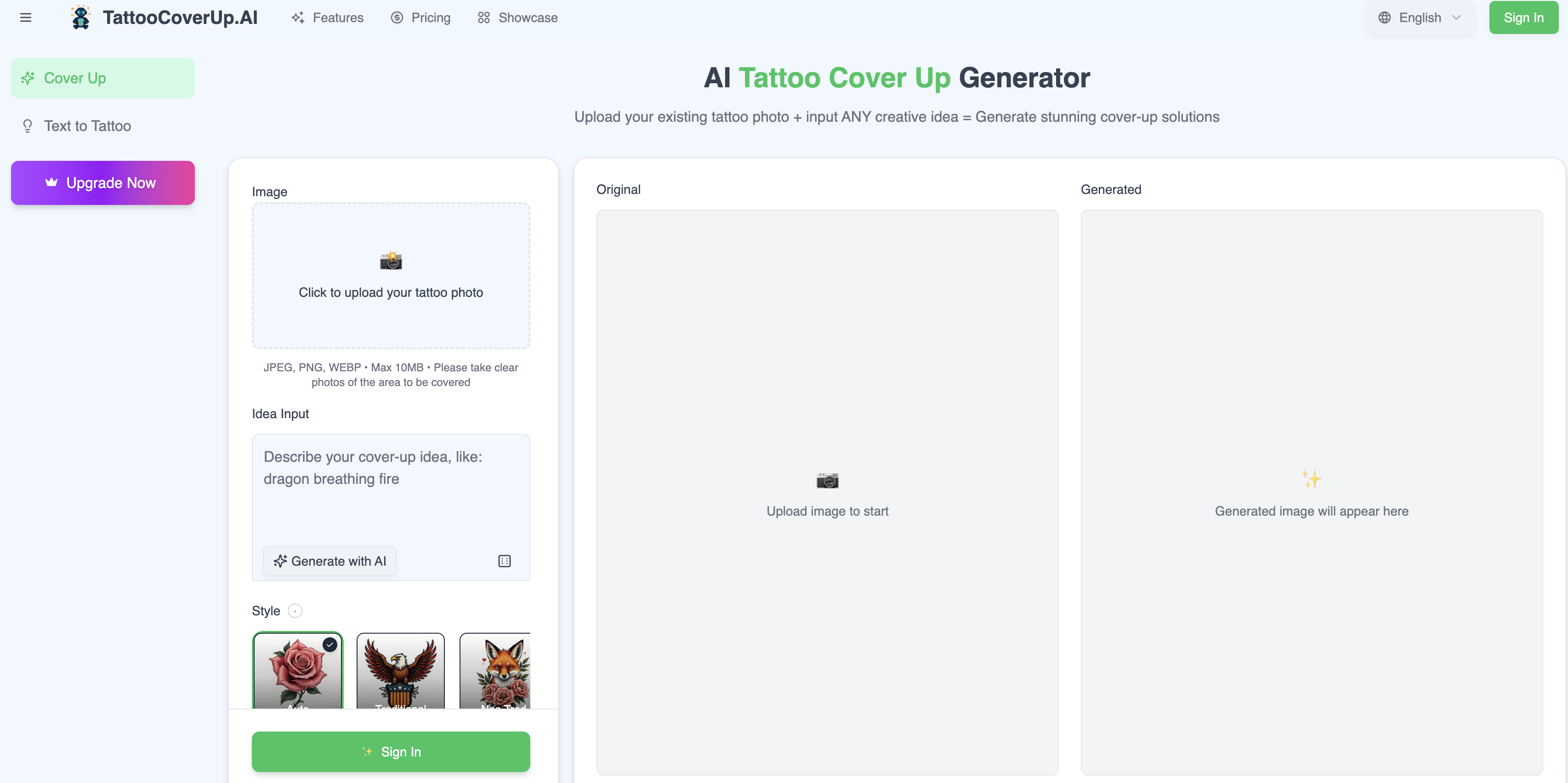 TattooCoverUp.AI - Screenshot showing the interface and features of this AI tool
