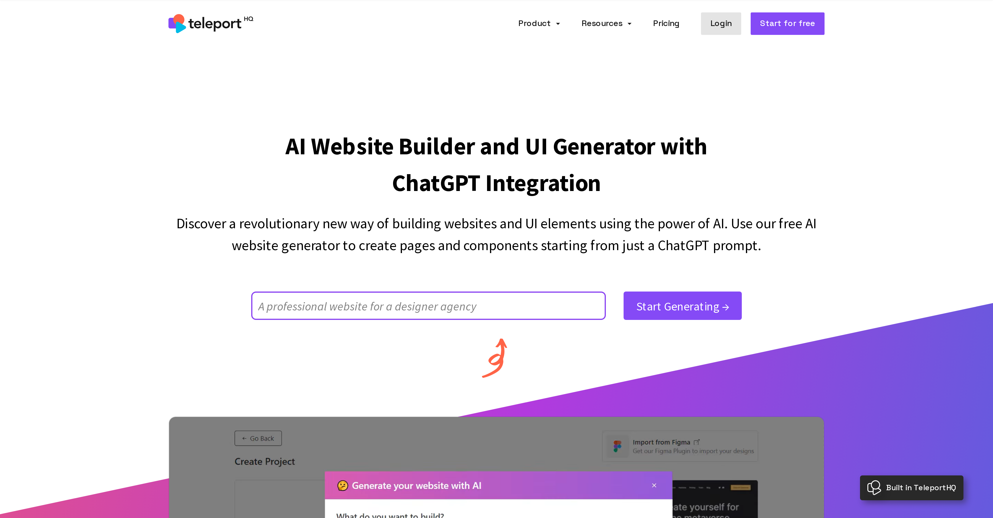 TeleportHQ - Screenshot showing the interface and features of this AI tool