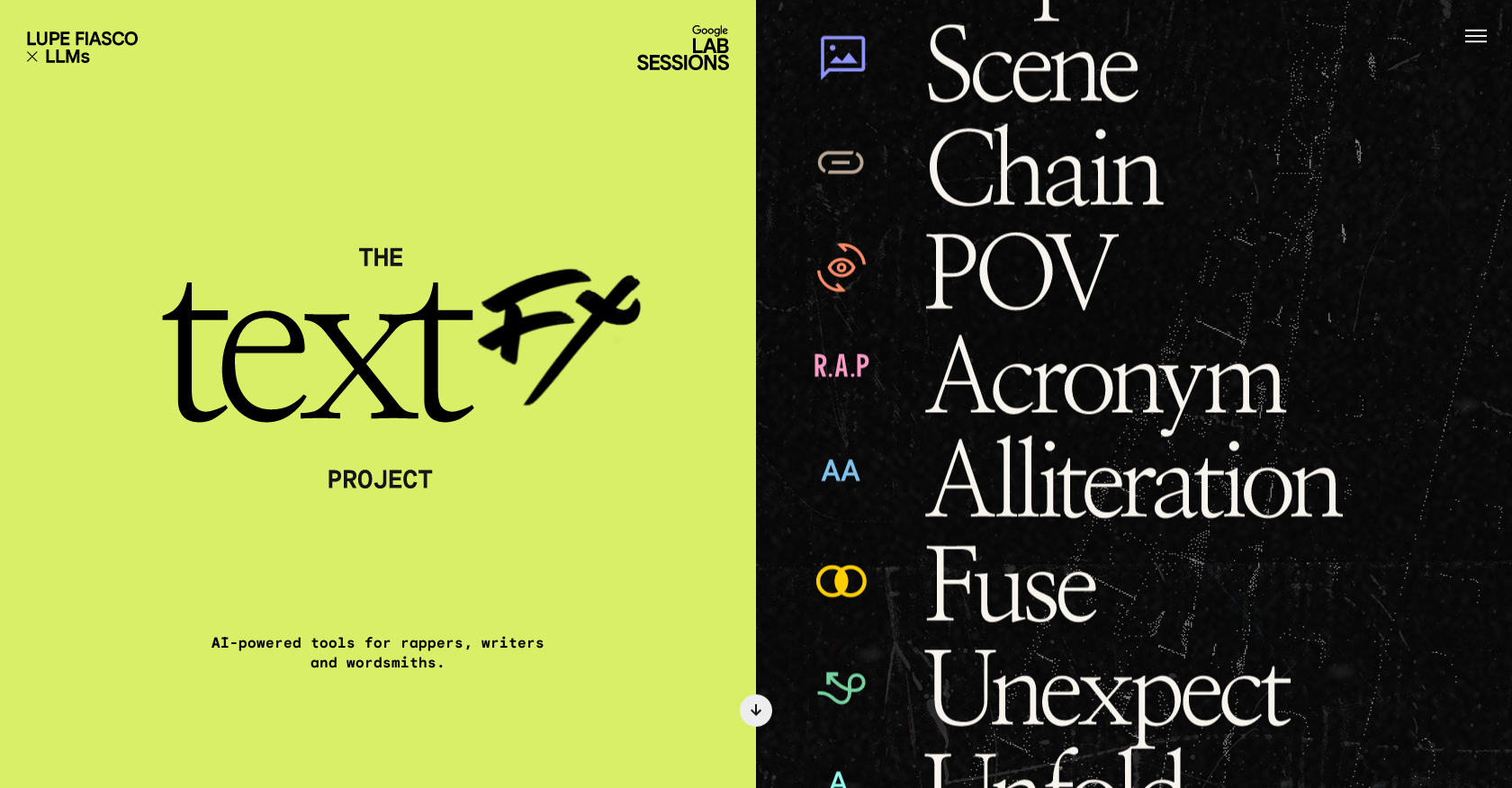 TextFX - Screenshot showing the interface and features of this AI tool