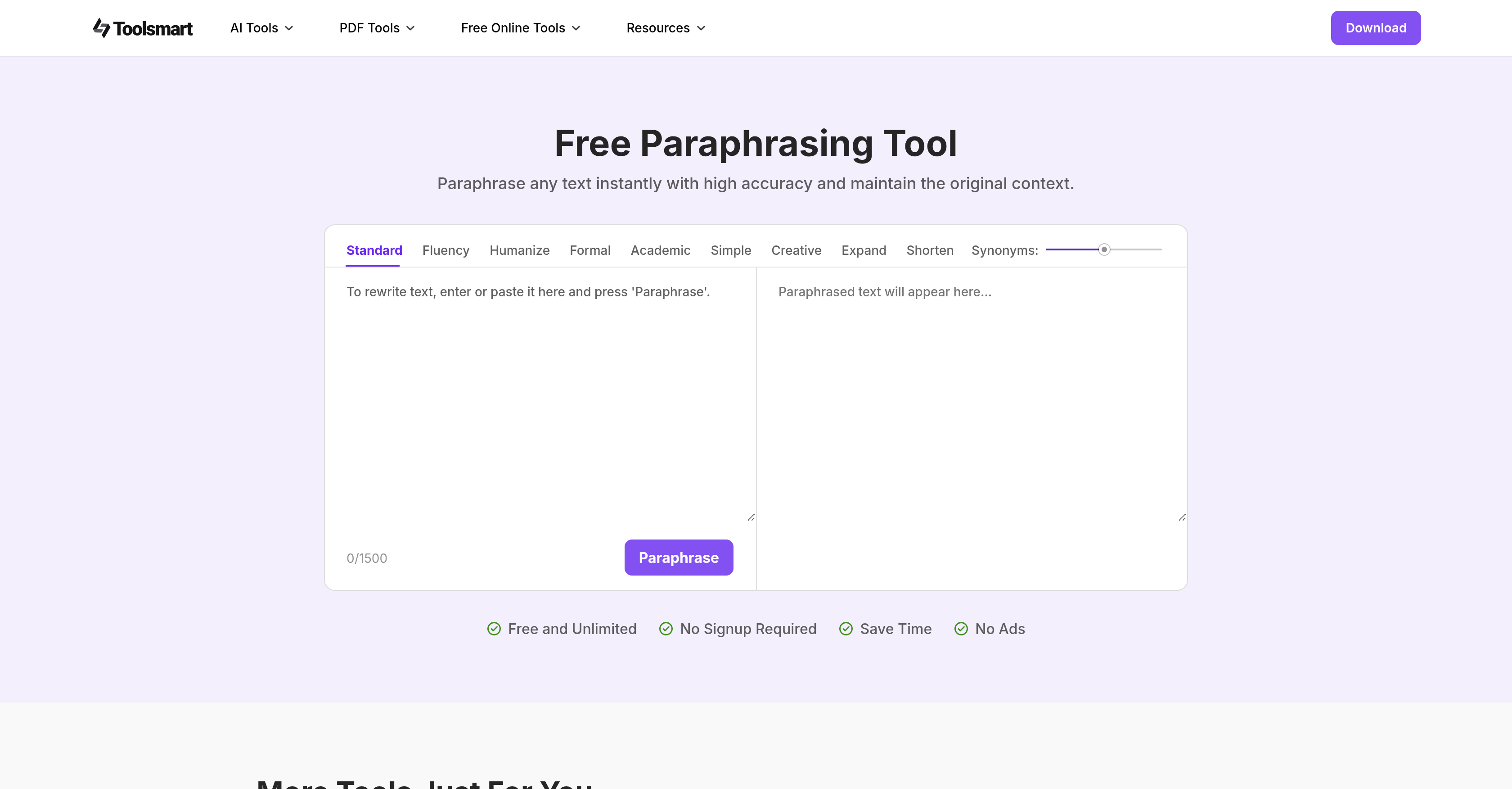 ToolSmart Free Paraphrasing Tool - Screenshot showing the interface and features of this AI tool
