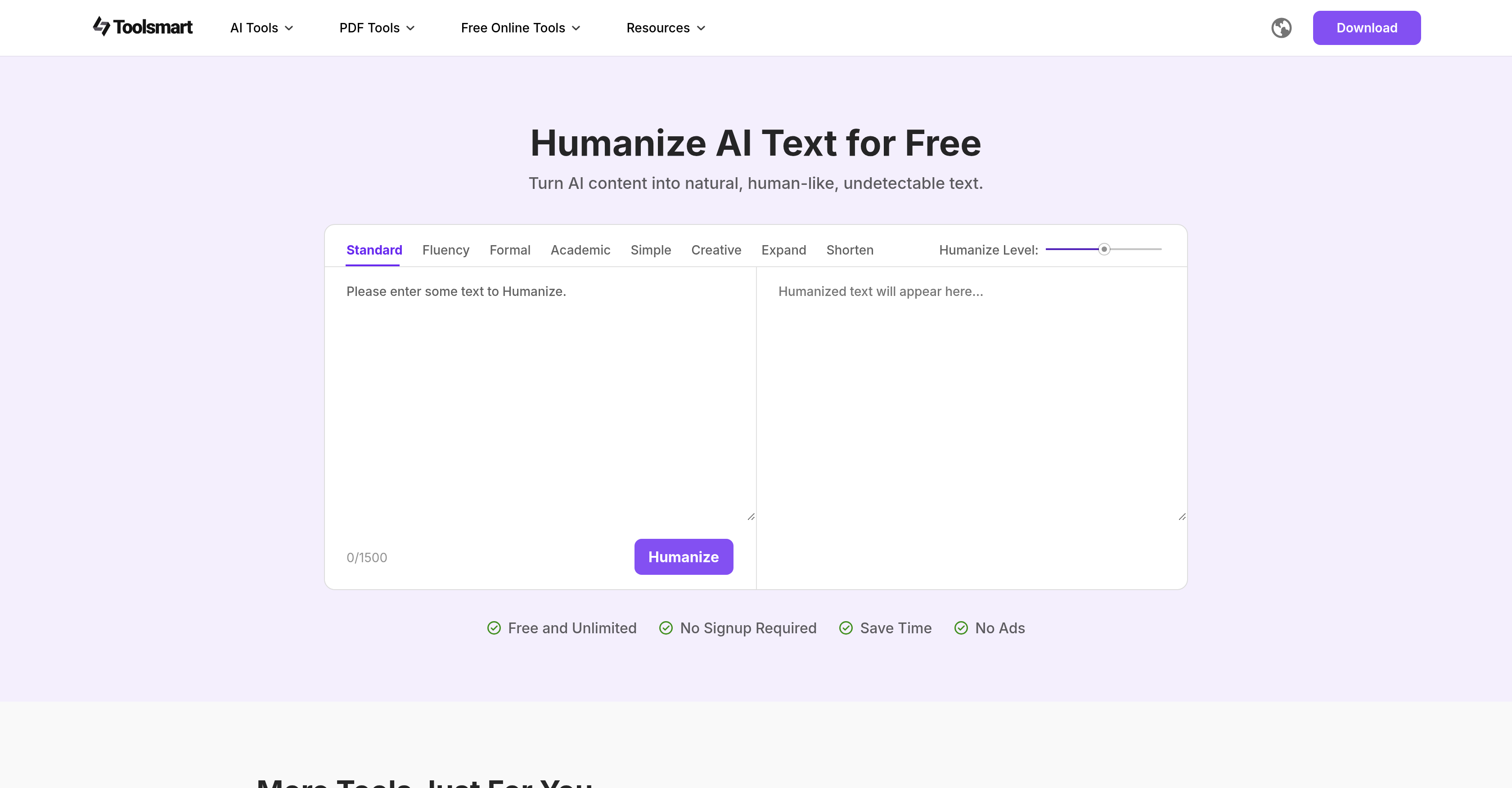 Toolsmart Humanize AI - Screenshot showing the interface and features of this AI tool