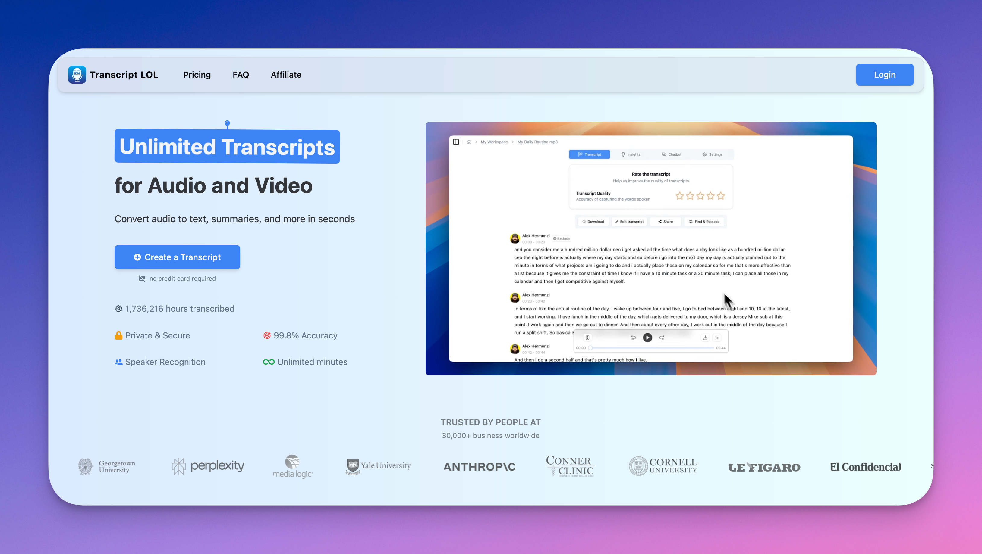 Transcript LOLv3.1 - Screenshot showing the interface and features of this AI tool