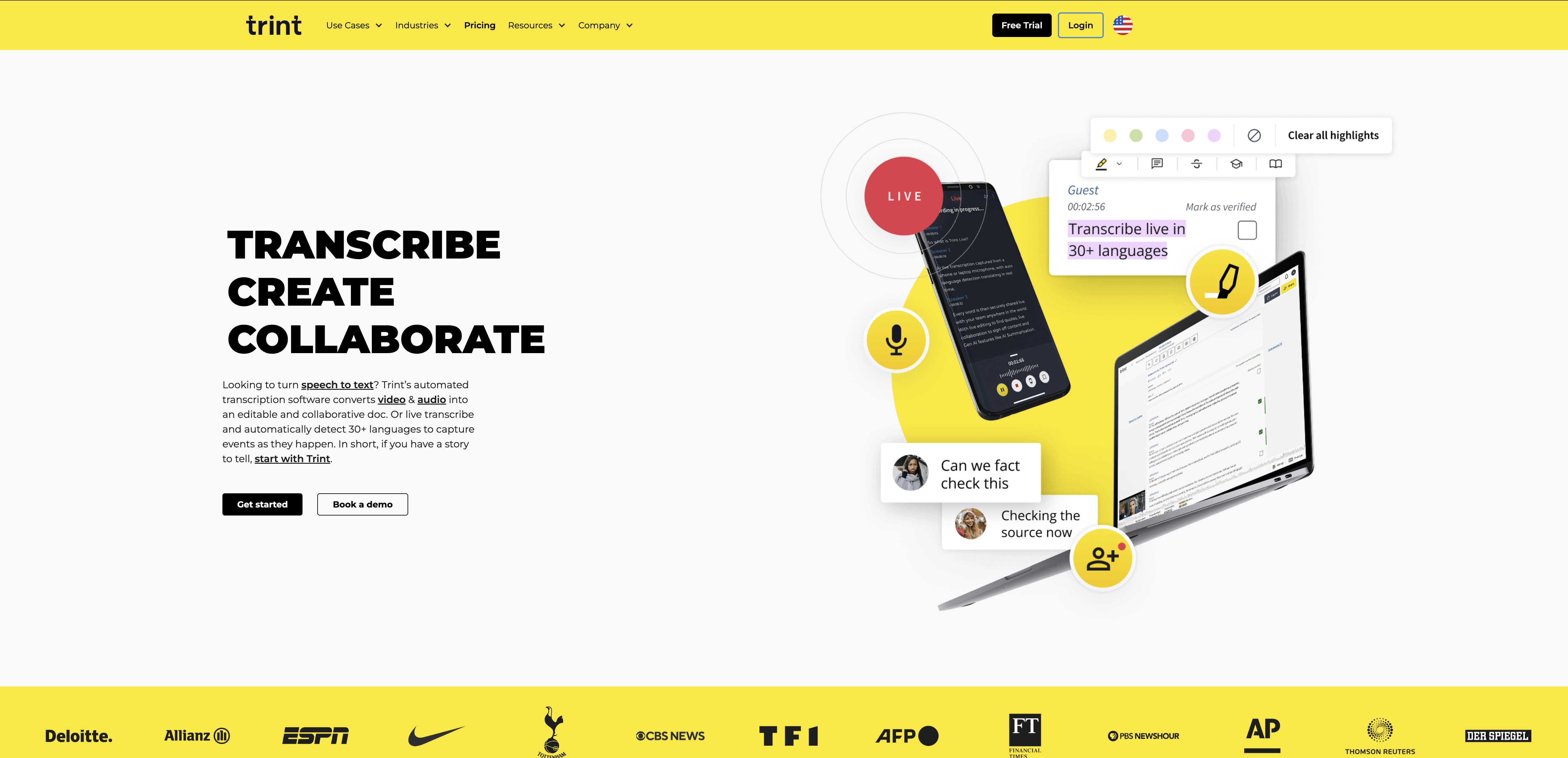 Trint - Screenshot showing the interface and features of this AI tool