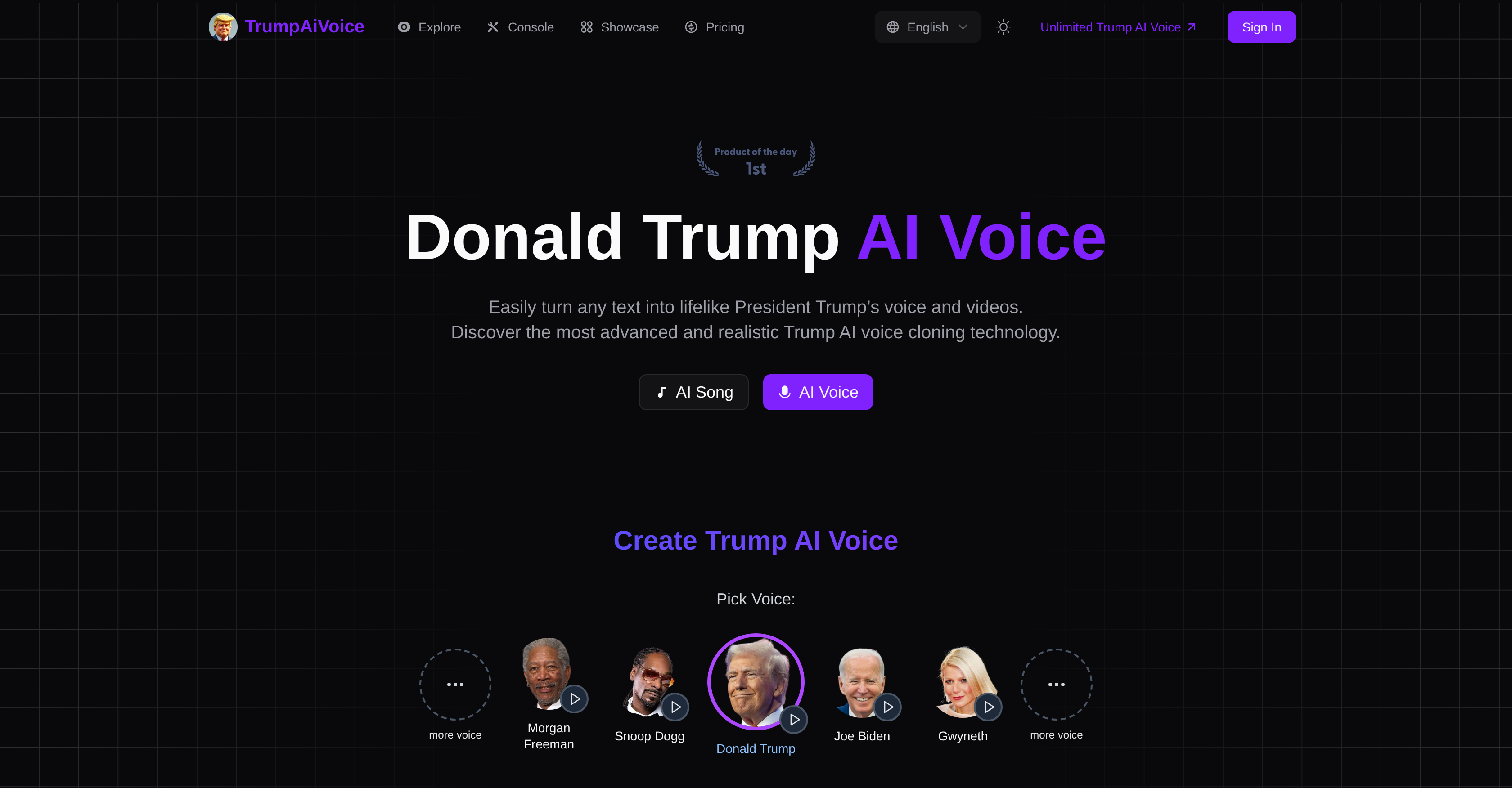 TrumpAiVoice.net - Screenshot showing the interface and features of this AI tool