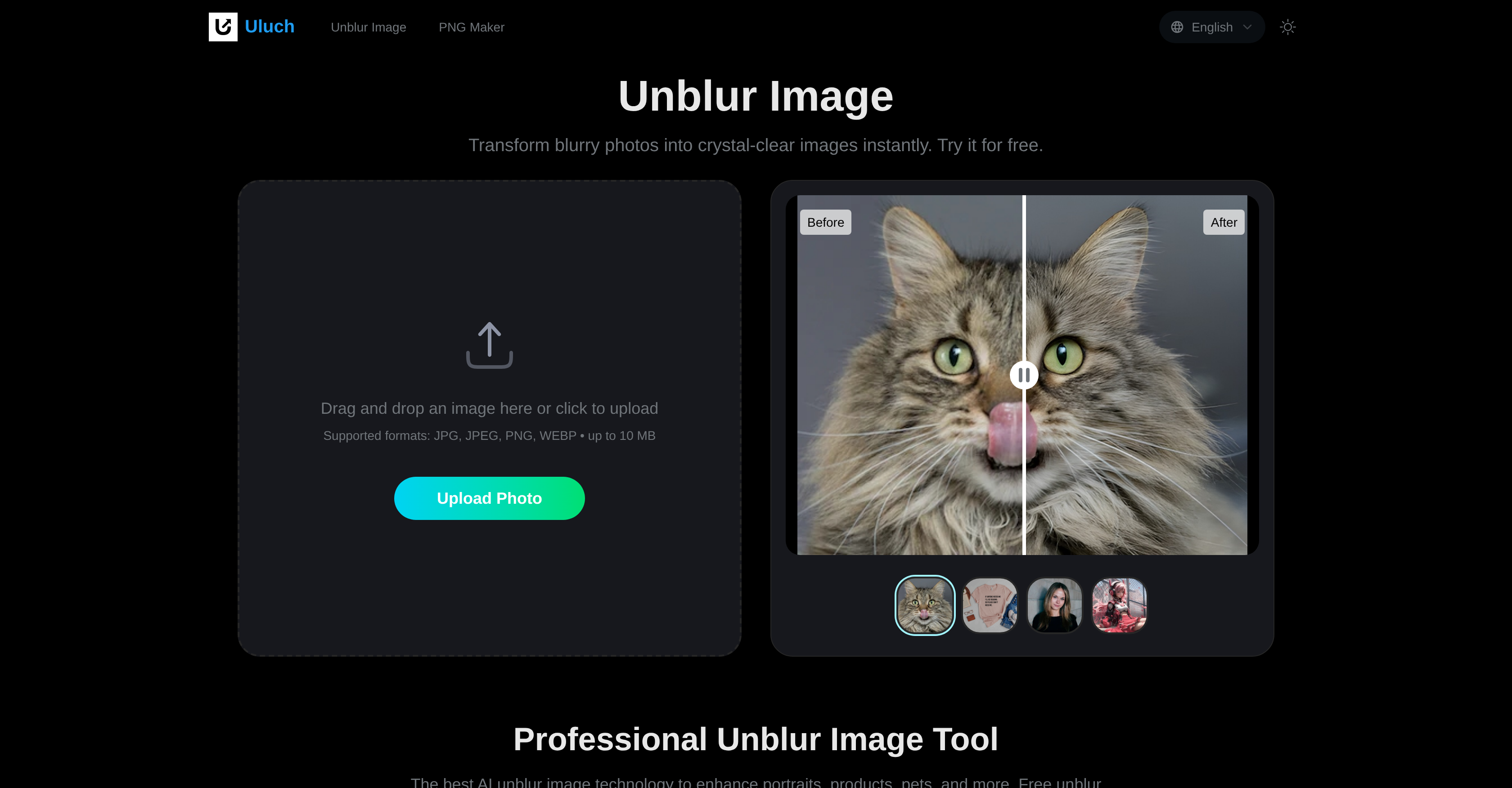 Unblur Image by Uluch - Screenshot showing the interface and features of this AI tool