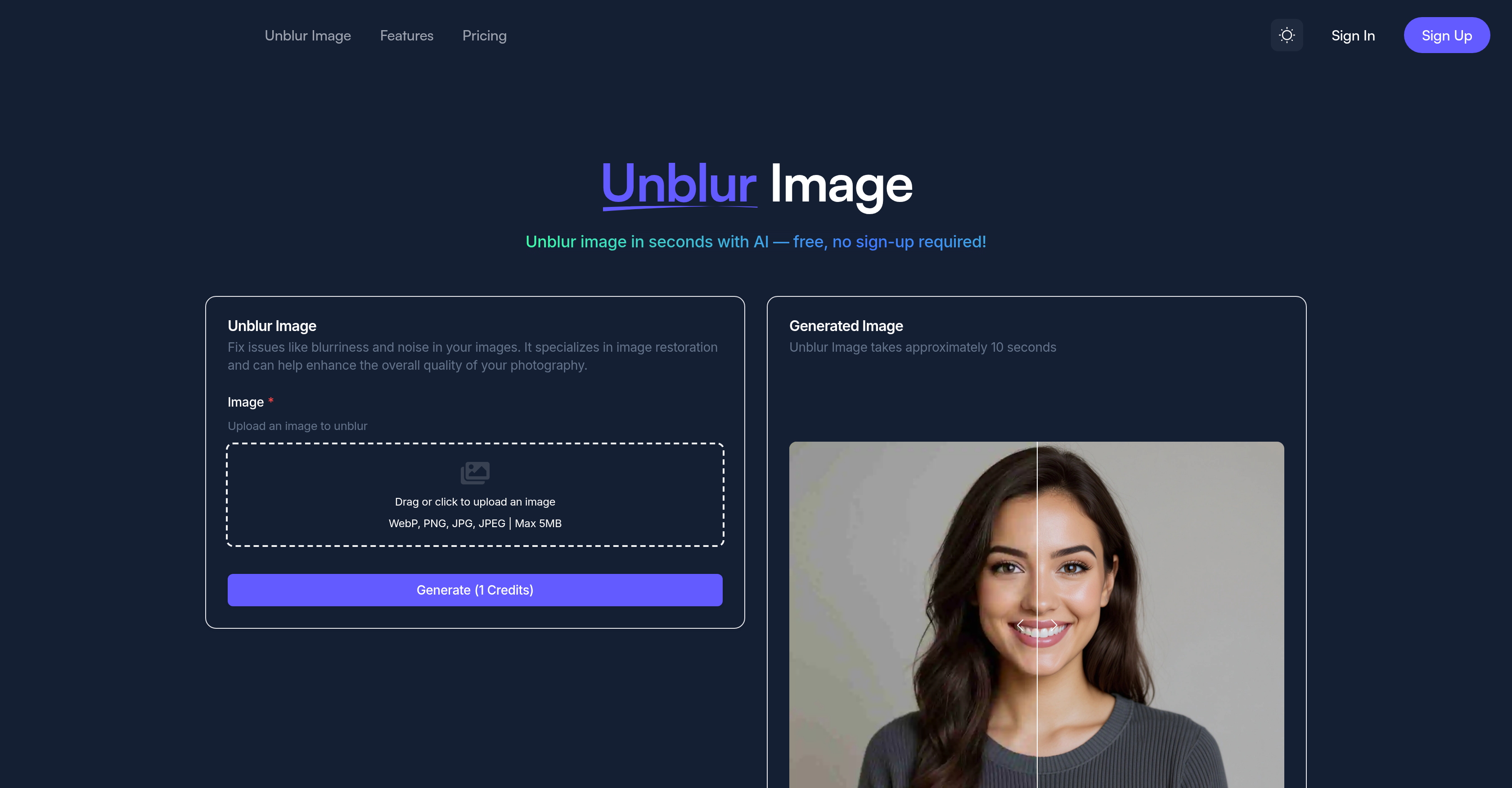 Unblur Img AI - Screenshot showing the interface and features of this AI tool