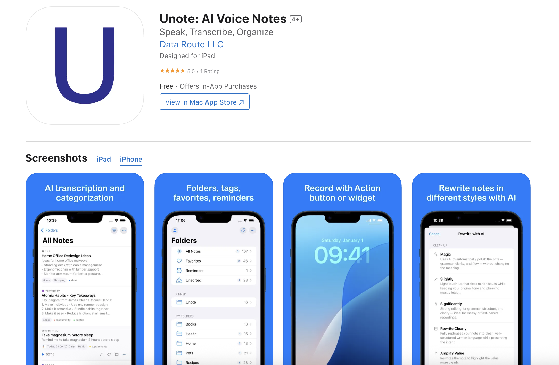 Unote: AI Voice Notes - Screenshot showing the interface and features of this AI tool